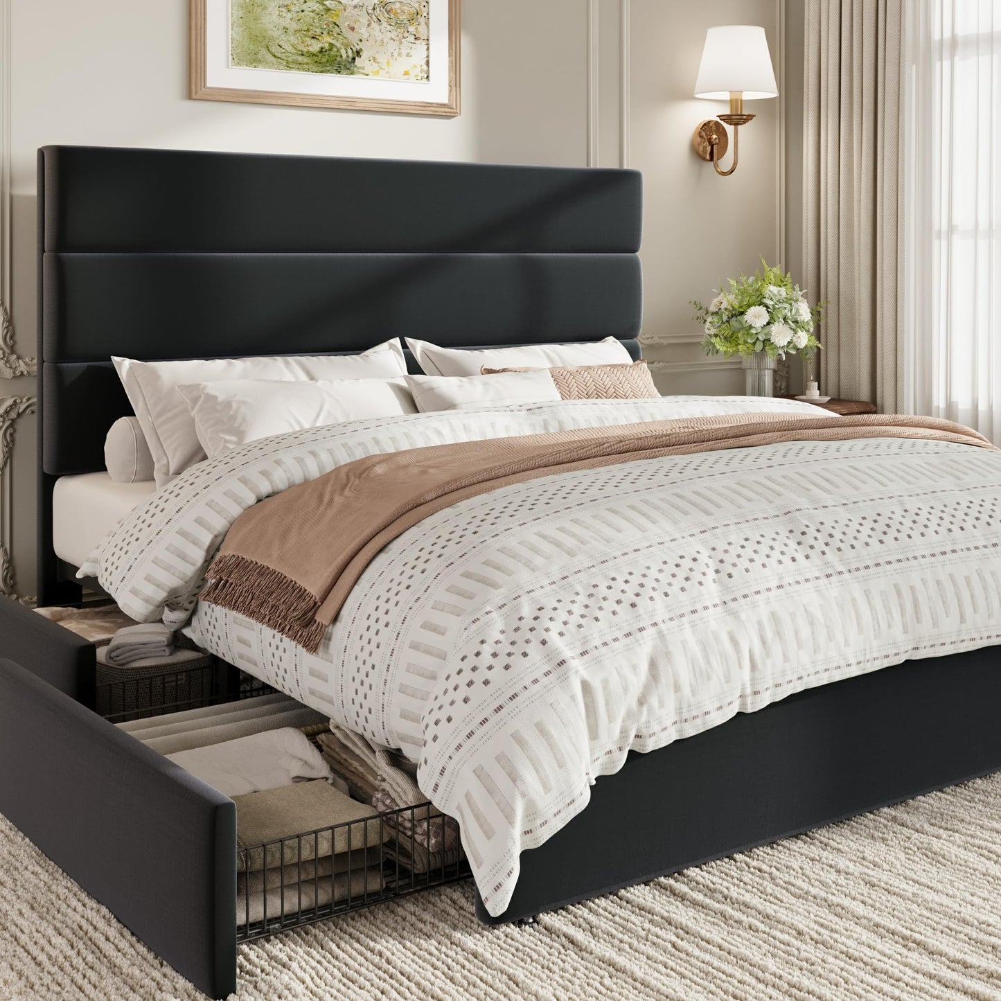 SHA CERLIN Queen Size Platform Bed Frame with 4 Storage Drawers, Velvet Upholstered Headboard, Mattress Foundation with Wooden Slats Support, No Box Spring Needed, Easy Assembly, Black