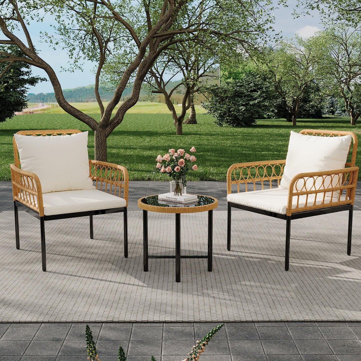 GarveeLife Wicker 3 Pieces Patio Bistro Sets Outdoor Conversation Sets with Glass Top Side Table and 2 Modern Rattan Chairs, Patio Furniture Set for Apartment, Backyard, Porch, Balcony, Lawn (Beige)