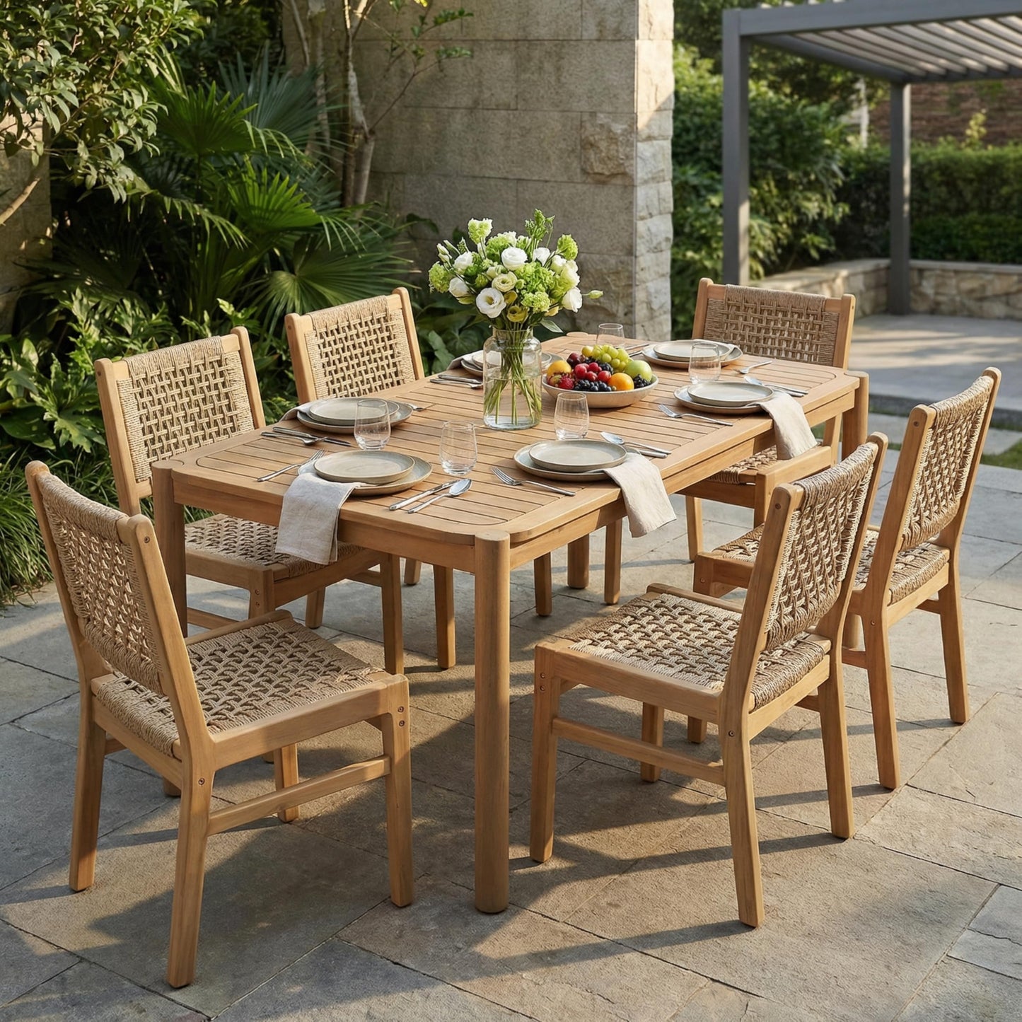 Christopher Knight Home Levi Acacia Wood Dining Table Set for 6, Solid Wood Outdoor Dining Set for 6, 7 Piece Patio Dining Table and Chair Set with Wicker Seat & Back, Light Brown + Light Teak
