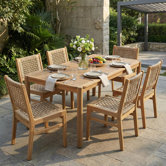 Christopher Knight Home Levi Acacia Wood Dining Table Set for 6, Solid Wood Outdoor Dining Set for 6, 7 Piece Patio Dining Table and Chair Set with Wicker Seat & Back, Light Brown + Light Teak
