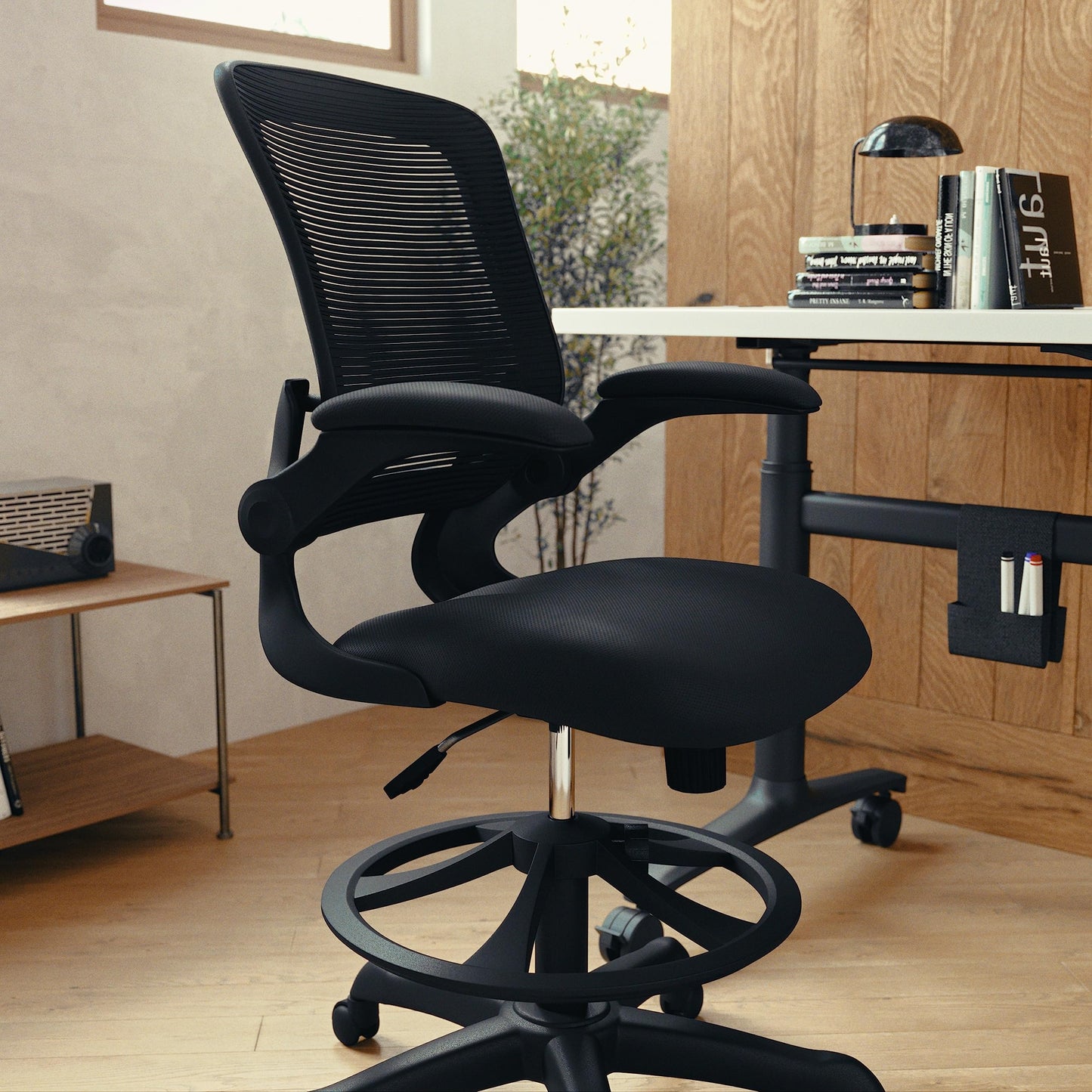 Flash Furniture Kale Mid-Back Swivel Office Chair with Adjustable Foot Ring, Lumbar Support, and Seat Height, Ergonomic Mesh Executive Chair, Black