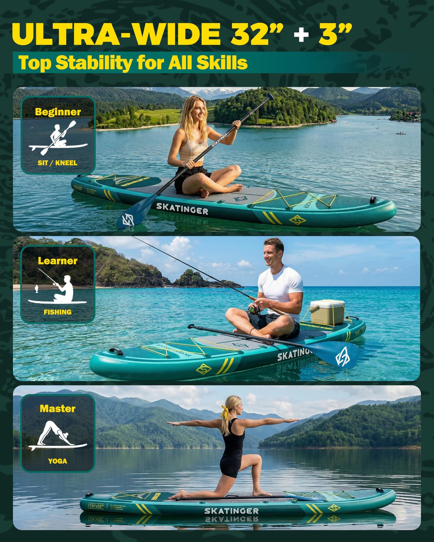 Skatinger 11'6×35" Super Wide Inflatable Paddle Board, Premium Woven Drop-Stitch Tech, 450lb/3 People/Family Paddle Board, Shoulder Strap, 100L Backpack, Ultra-Light, All-Round Sup Board