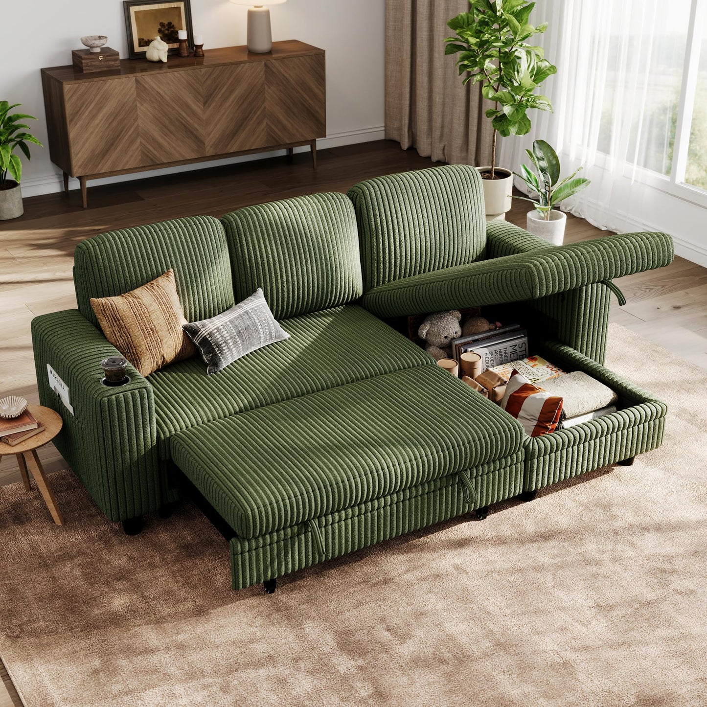 LINSY HOME Sectional Sleeper Sofa Pull Out Couches for Living Room (Green, Sleeper Sofa 1) | Pull Out Sofa Bed, Storage, USB Charging, Cup Holders, Plush Corduroy