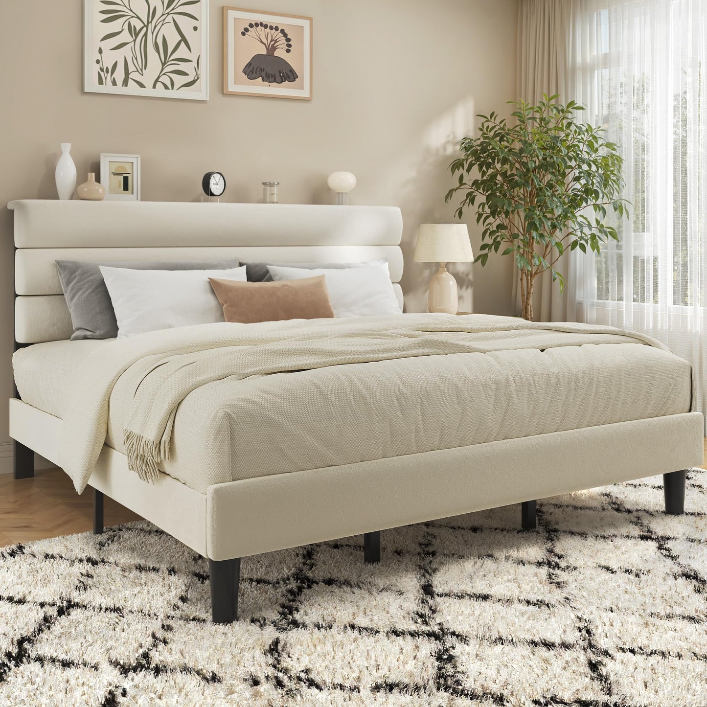 Fluest King Size Bed Frame, Platform Bed Frame with Velvet Upholstered Headboard, No Box Spring Needed, Sturdy Metal Support, Noise Free, Easy Assembly, Beige