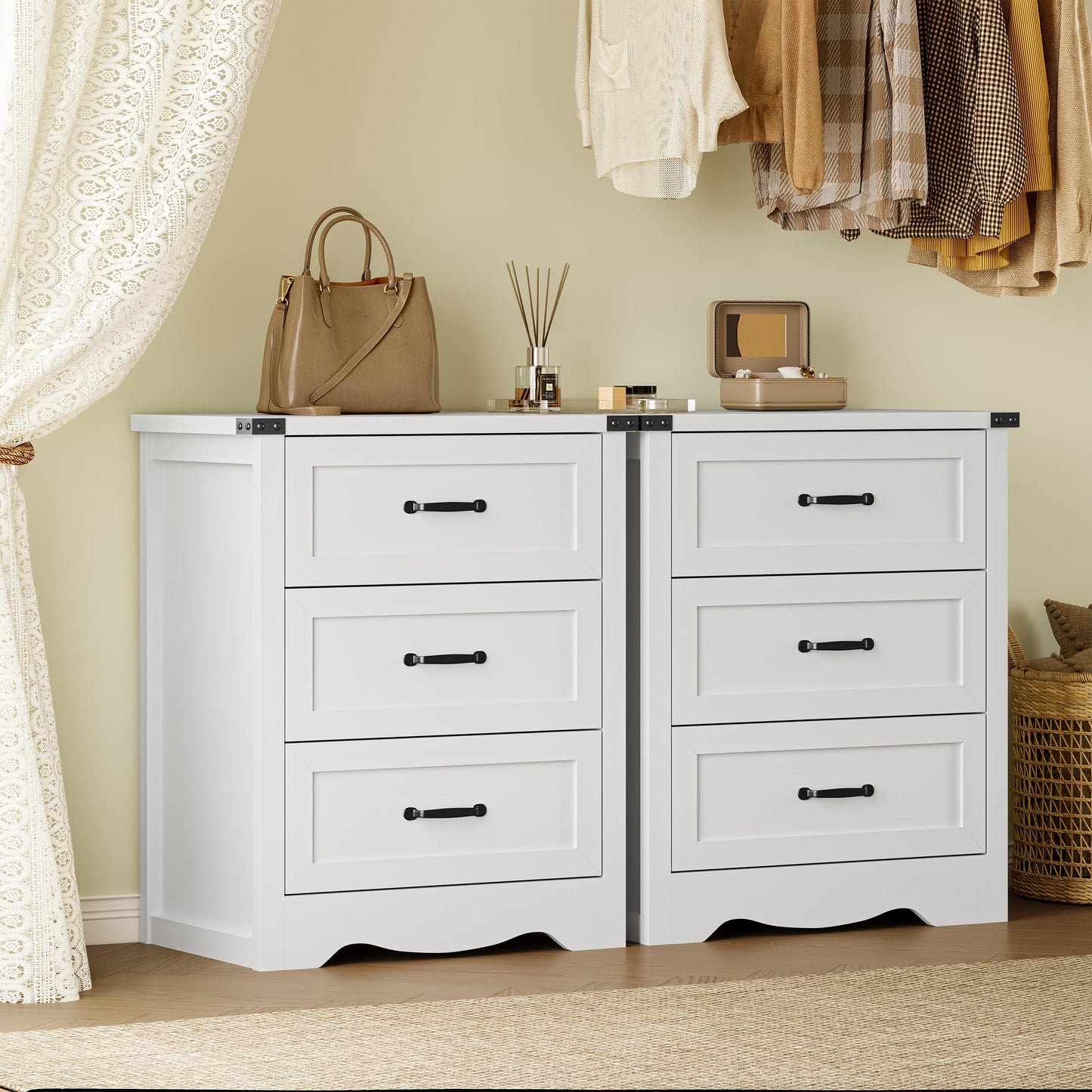 BORNOON Night Stand Set of 2, 3 Drawers Bedside Table Dresser with Metal Handles, Sturdy Wooden End Side Table Storage Cabinet with Anti-Tipping Design for Bedroom