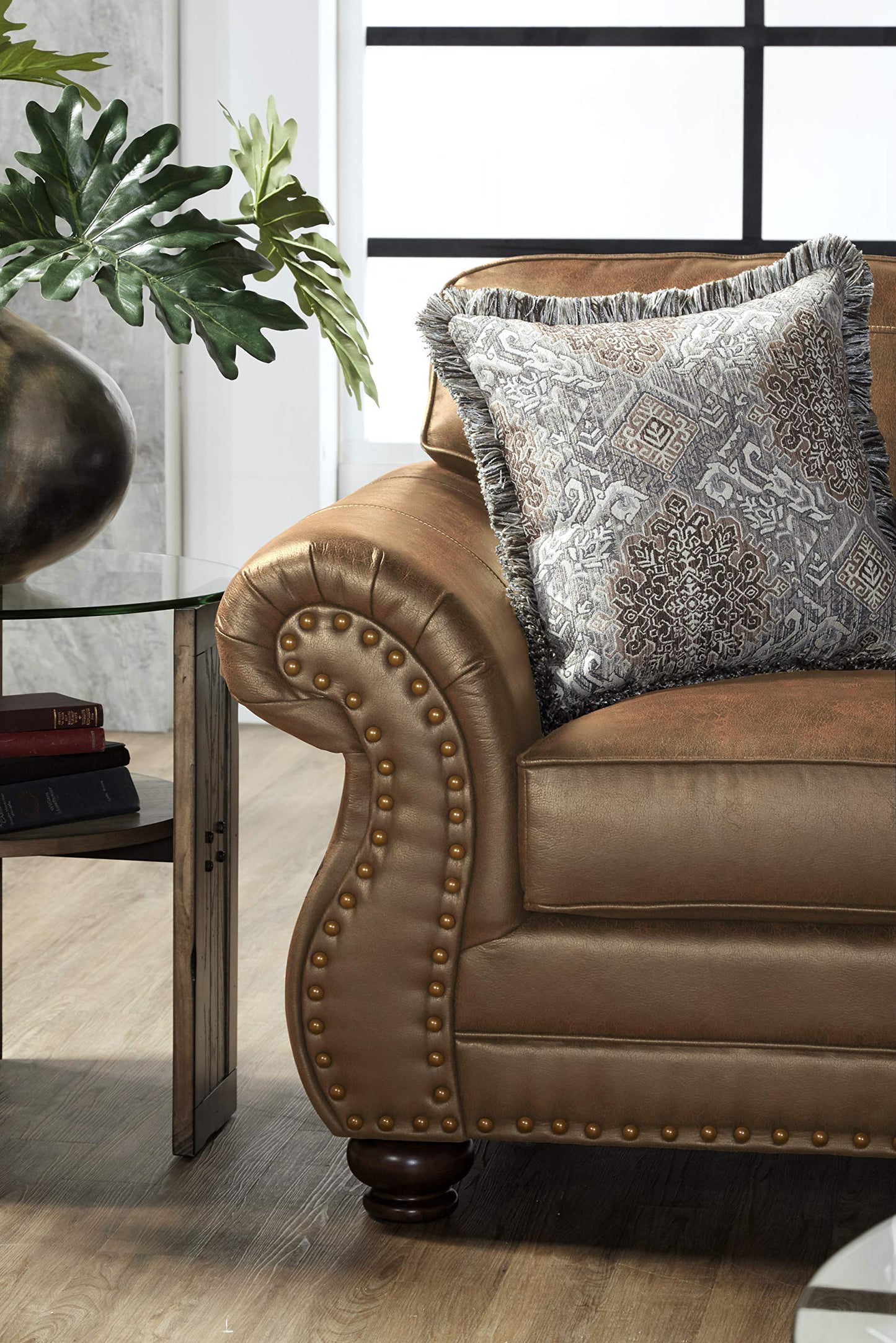 Roundhill Furniture Leinster Fabric Upholstered Nailhead 3-Piece Livingroom Set, Sofa, Loveseat, and Chair Set in Jetson Ginger