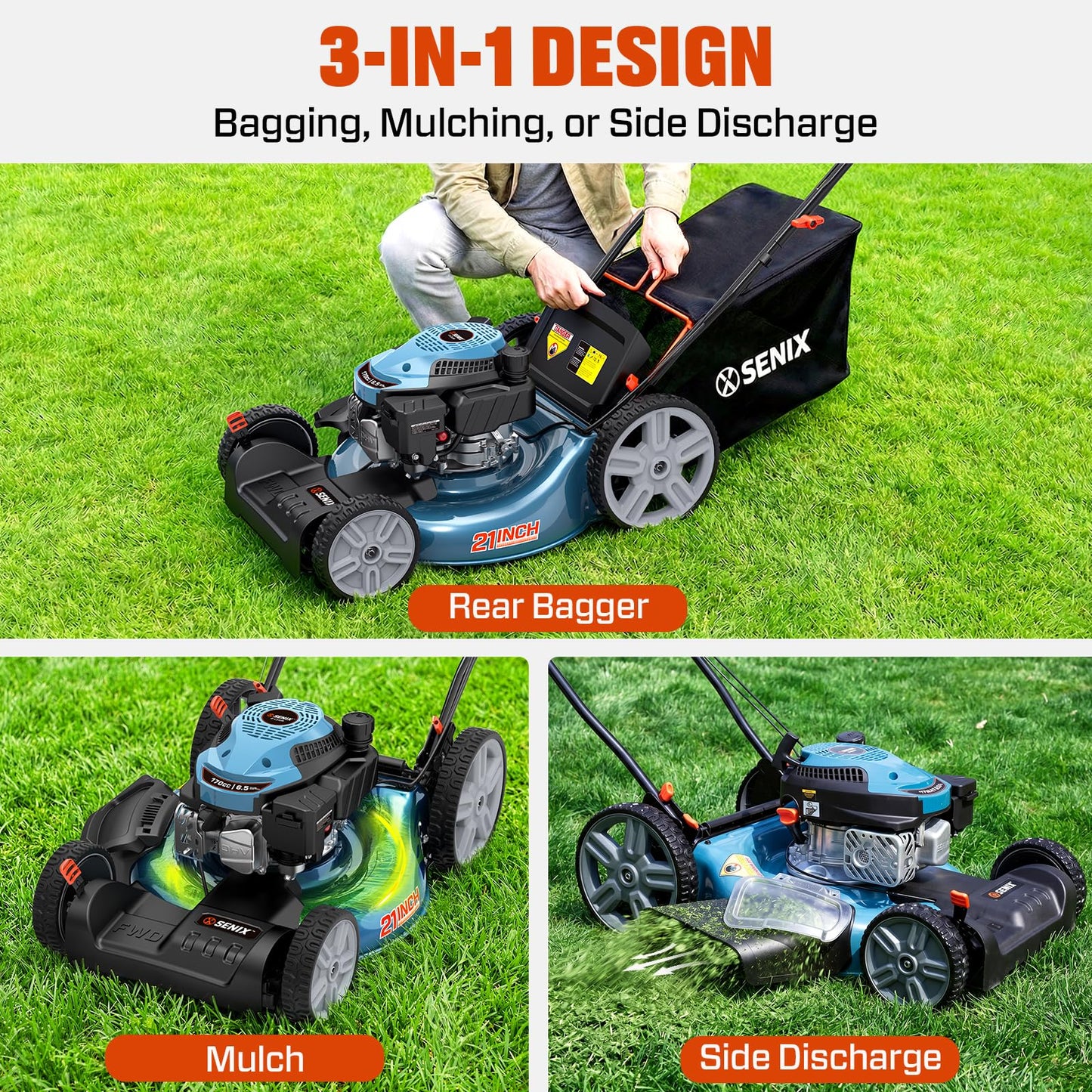 SENIX 21'' Self-Propelled Gas Lawn Mower (FWD), 170 cc 4-Cycle Engine 3.8 HP, 3-in-1 (Bagging/Mulching/Side Discharge), 6-Position Cutting Height Adjustment, 1.7 Bushels Grass Bag