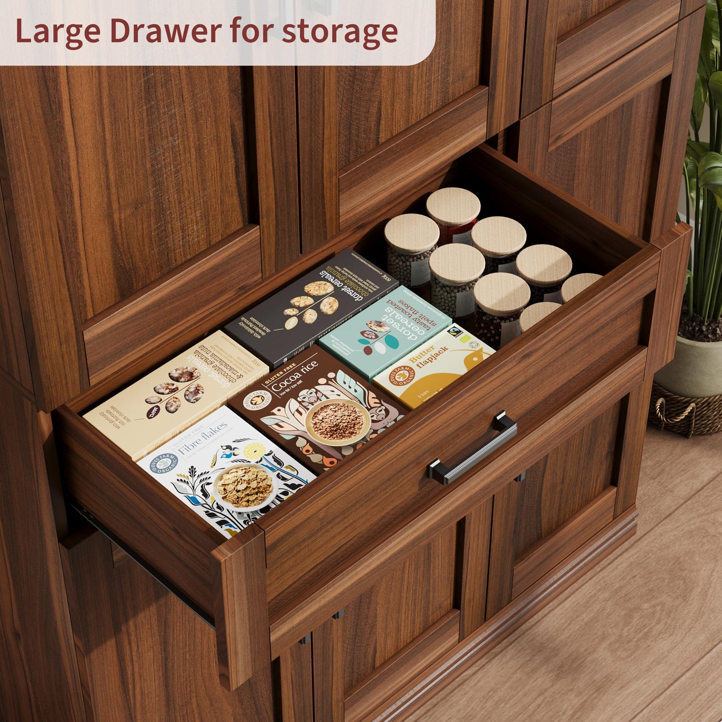 Garvee 70" Tall Kitchen Pantry Storage Cabinet, Modern Kitchen Hutch Cabinet with Doors and Shelves, Freestanding Food Pantry with Large Storage Drawer for Dining Room and Household Organization