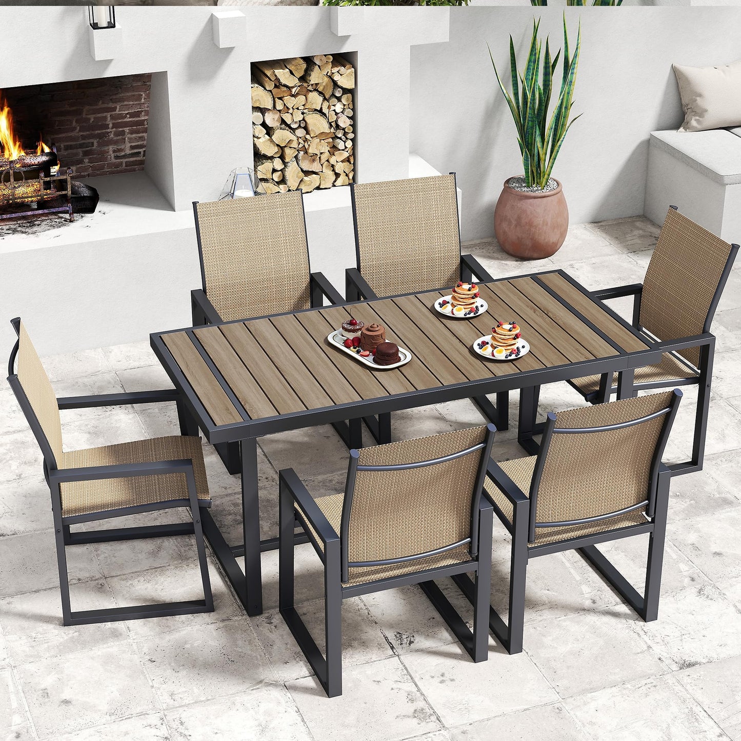 Jocoevol 7 Piece Patio Dining Set for 6, Outdoor Furniture Set Includes 67" Rectangle Patio Table and 6 Textilene Dining Chairs, Outdoor Table and Chairs for Outsides, Backyard, Garden and Poolside