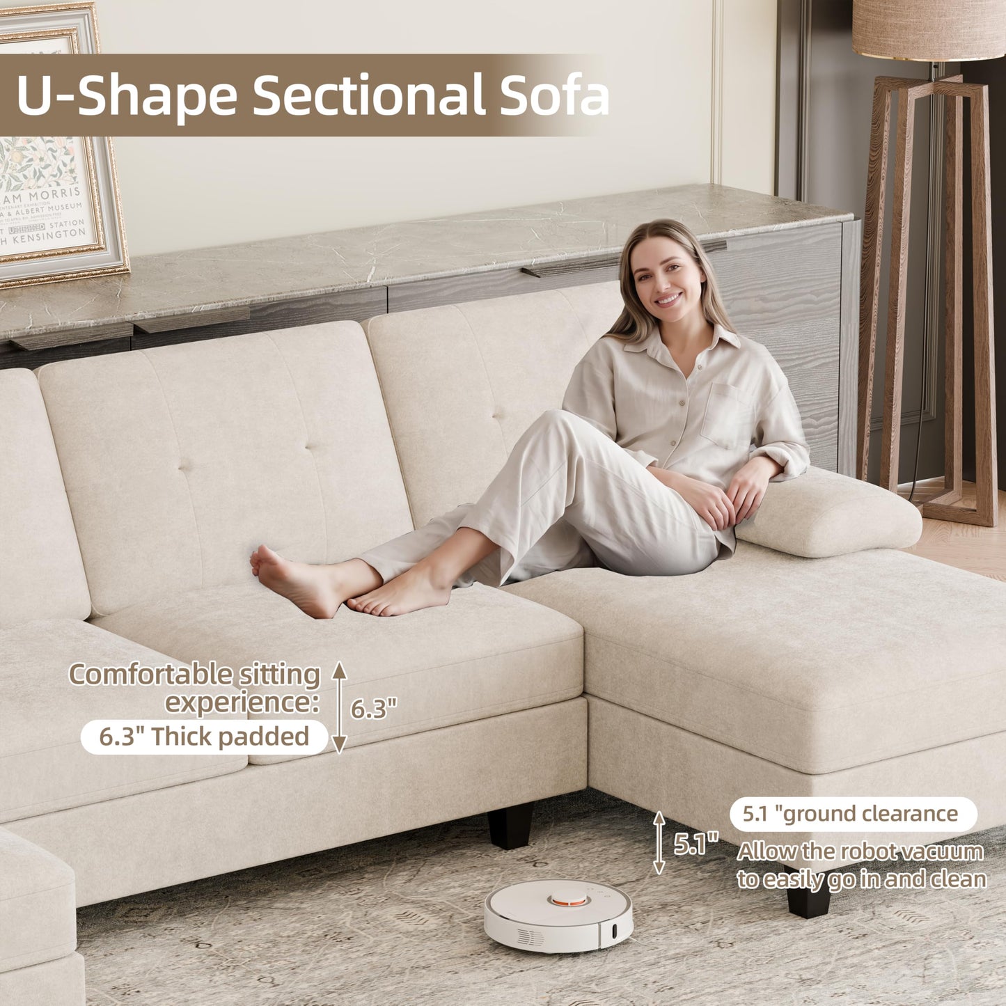Shintenchi U-Shaped Sectional Couches for Living Room, 4 Seat Sofa with Double Chaise Lounges,Solid Wood Frame Sectional Sofa for Apartment,White