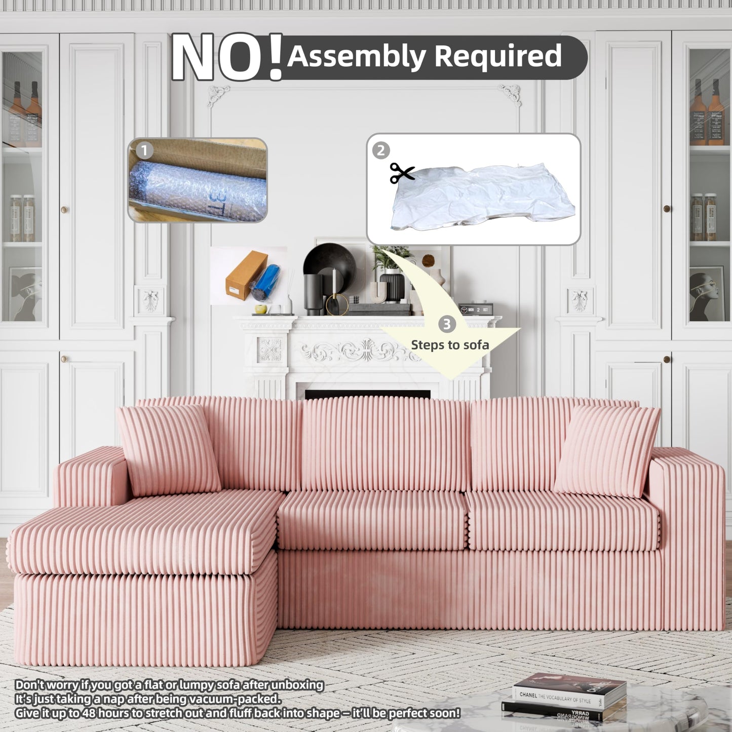 Shintenchi Boneless Couches for Living Room,Modular Sectional Sofa with Deep Seat,Memory Foam Cloud Couch with L Shaped Oversized Chaise,No Assembly Needed Plush Corduroy Sofa,Pink