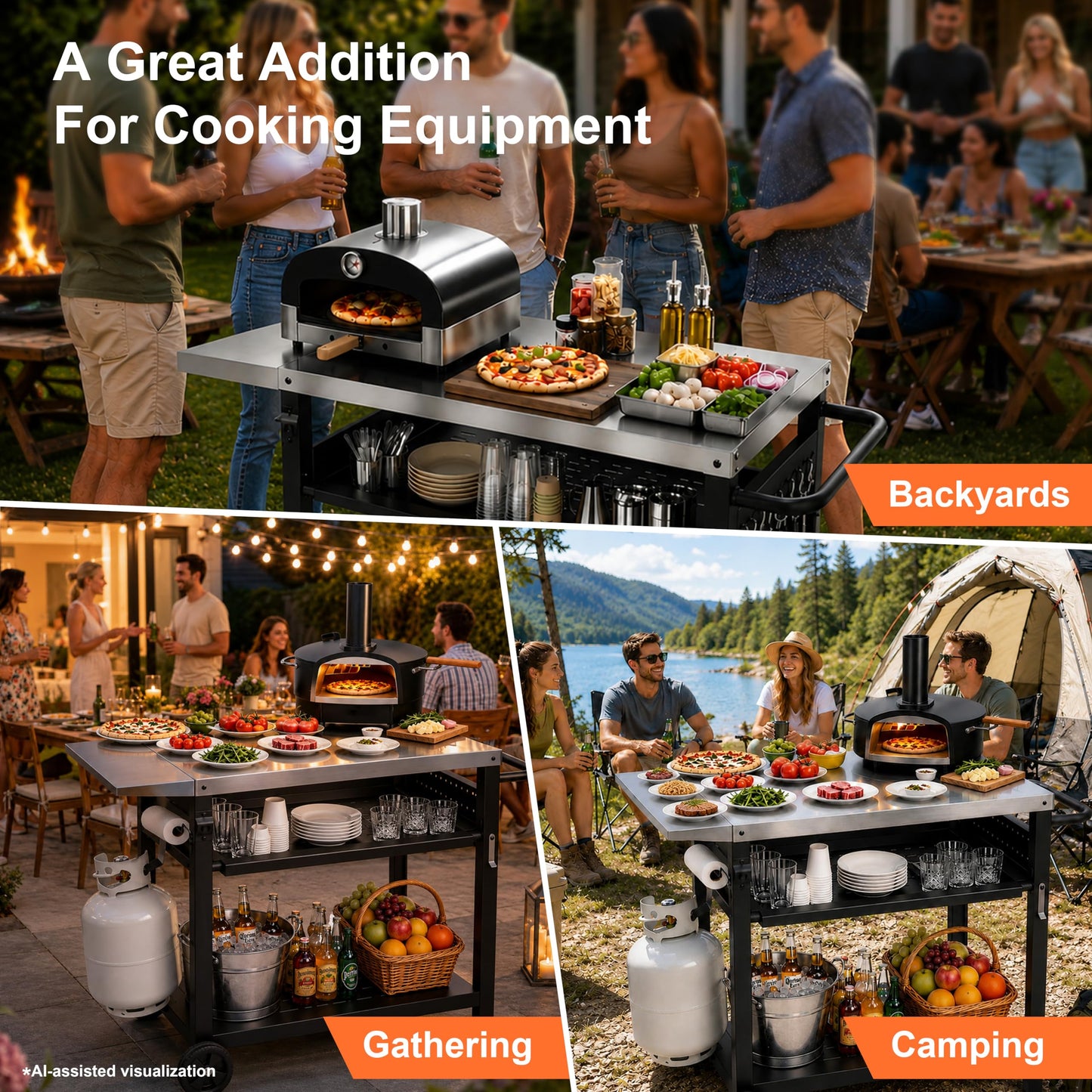 Outdoor Grill Cart for Blackstone/Ooni/Ninja, 43.3"x20" Stainless Steel Outdoor Grill Table with Propane Tank Mount & Wheels, Movable Outdoor Cooking Table with Storage for Pizza Oven, Patio, Camping