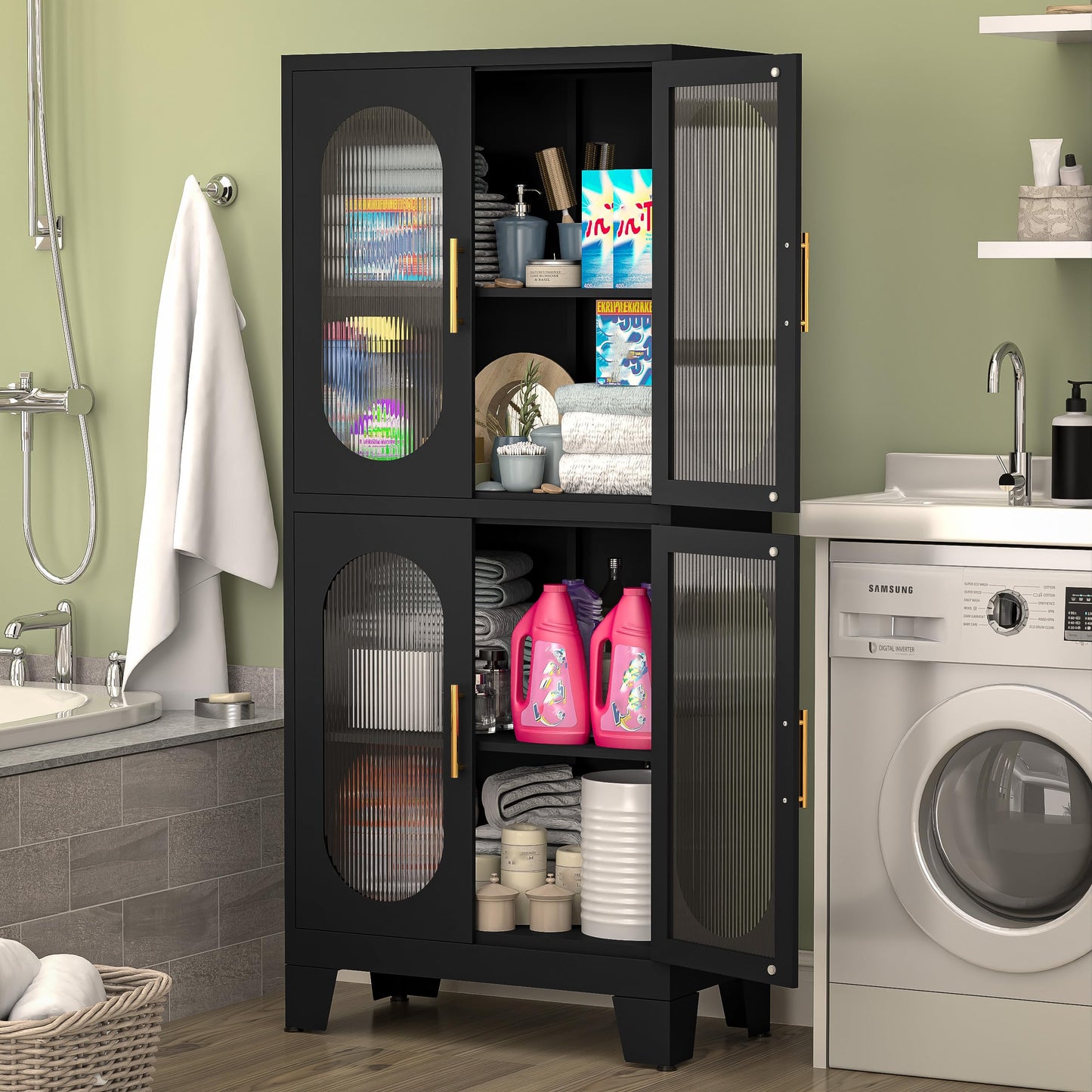 GAIOUS 63" Tall Steel Corner Cabinet, Metal Storage Cabinets with 4 Doors and 3 Shelves, Pantry Cabinets with 6 Door Panel Shelves, Farmhouse Cupboard for Kitchen Dining Room Hallways, Black