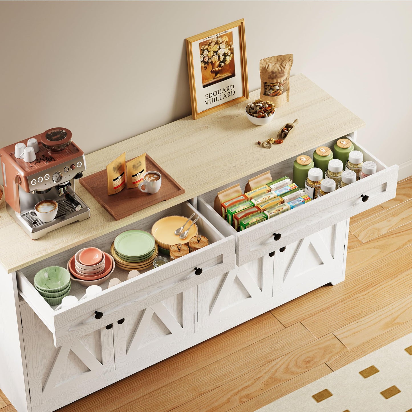 IRONCK Buffet Cabinet with Storage, Sideboard Storage Cabinet with Drawers, Coffee Bar Cabinet, Kitchen Cabinet with Doors, Natural Wood