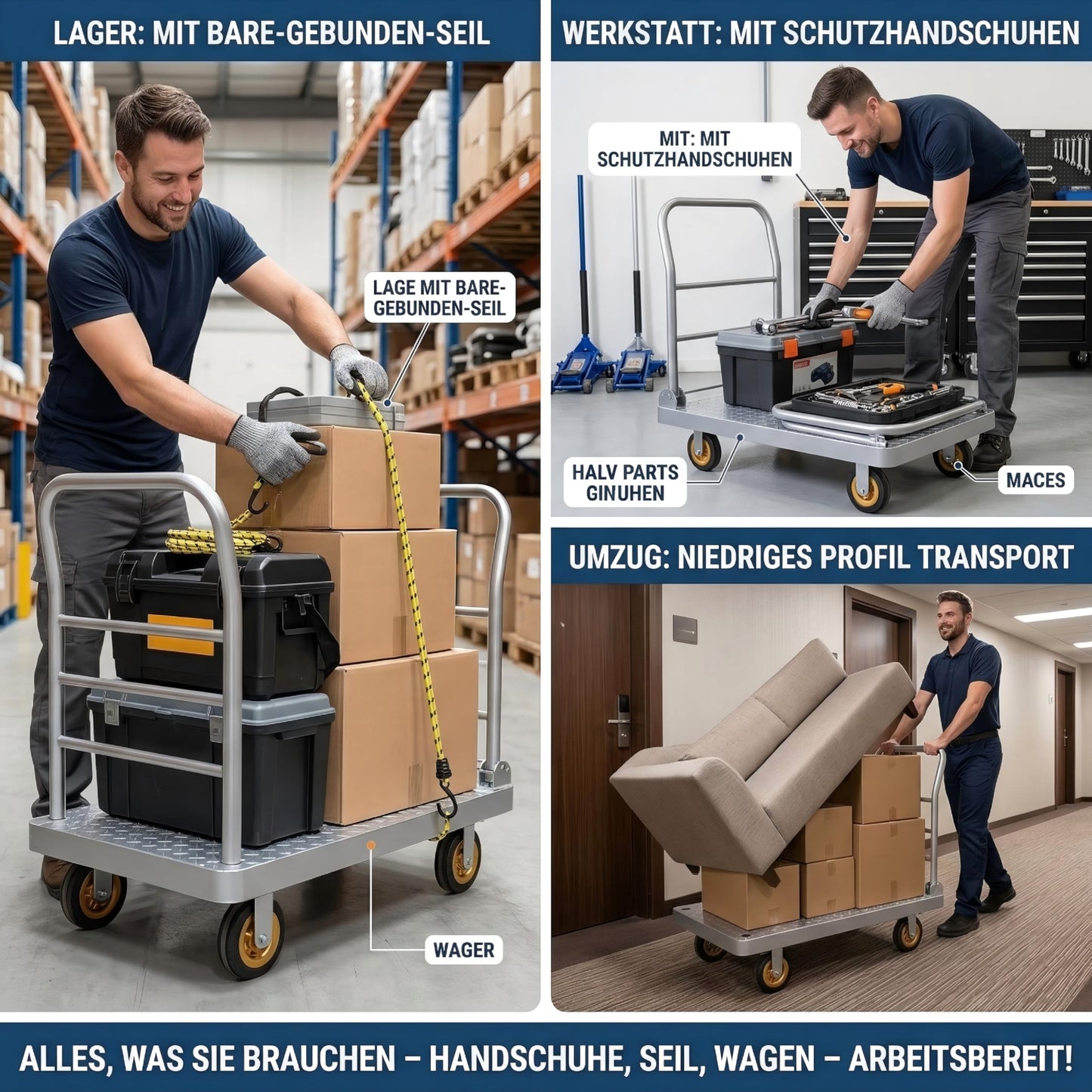 48" x 26" 2-in-1 Platform Truck Cart, 3650lbs Heavy Duty Flatbed Cart Dolly with Wheels, Industrial Cold Rolled Steel Push Cart for Warehouse & Moving, Includes 2 Pairs Gloves & Bungee Cord