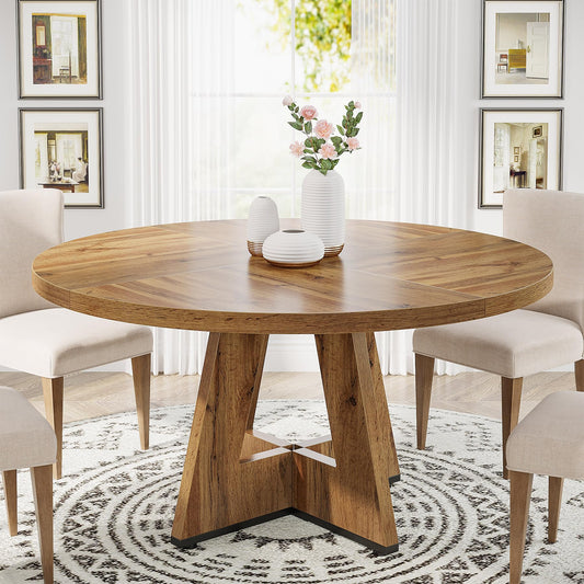 Tribesigns 47 inch Round Dining Table Wood Kitchen Table for Dining Room, 47" Dinner Room Tables for 4-6, Farmhouse Accent Furniture with Wooden Tabletop and Cross Base, Burlywood