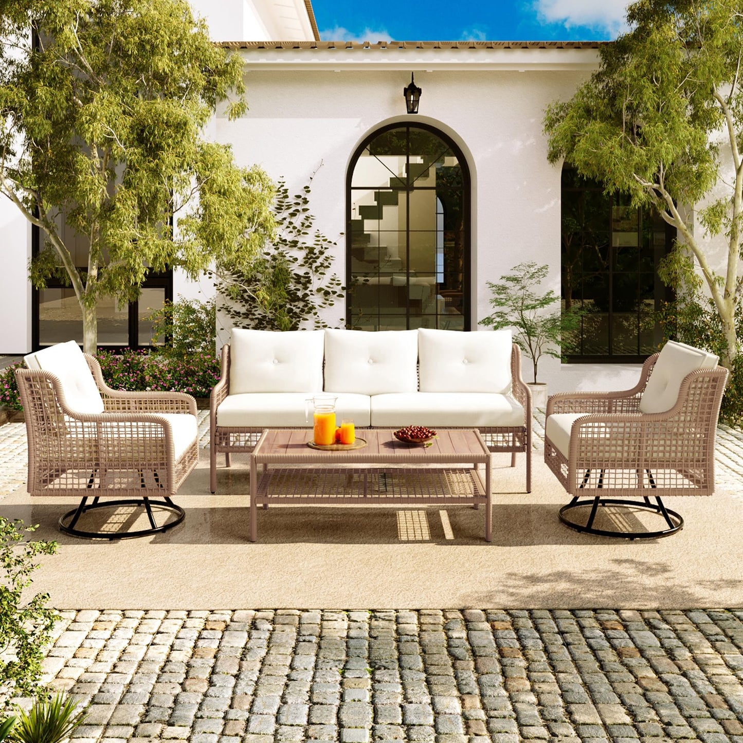 Merax 4 Pieces Patio Furniture Set for 5-Person, 2 Swivel Chairs + 3 Seater Couch Sofa + Rectangle Coffee Table, Sectional Rattan Wicker Outdoor Conversation Set for Poolside Backyard Deck, Beige