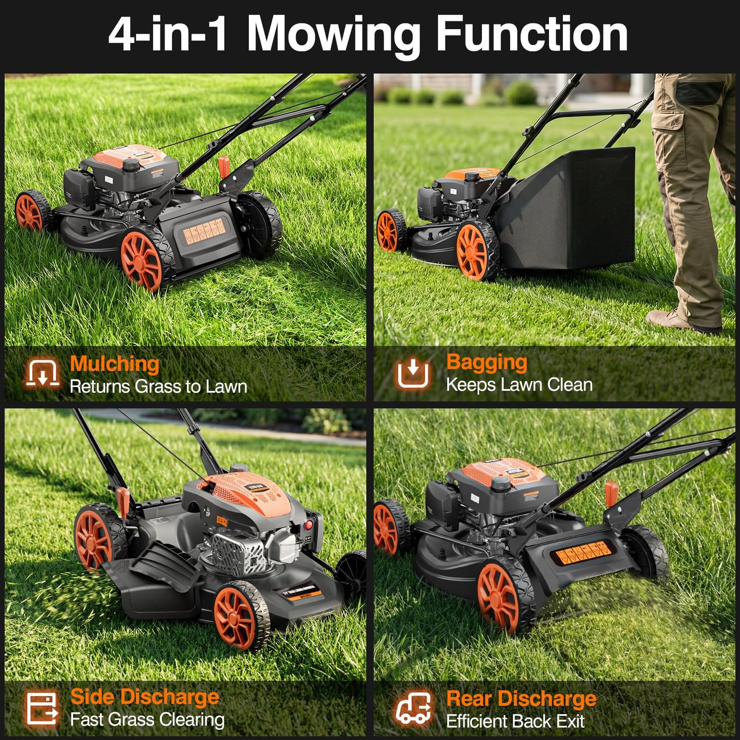 21” Self-Propelled Gas Lawn Mower, 170CC 4-in-1 Mulch/Rear Bag/Side Discharge/Rear Discharge, Foldable Gas Powered Lawn Mowers with 7-Position Cutting Height, Walk-Behind Gas Lawnmower (Yellow)