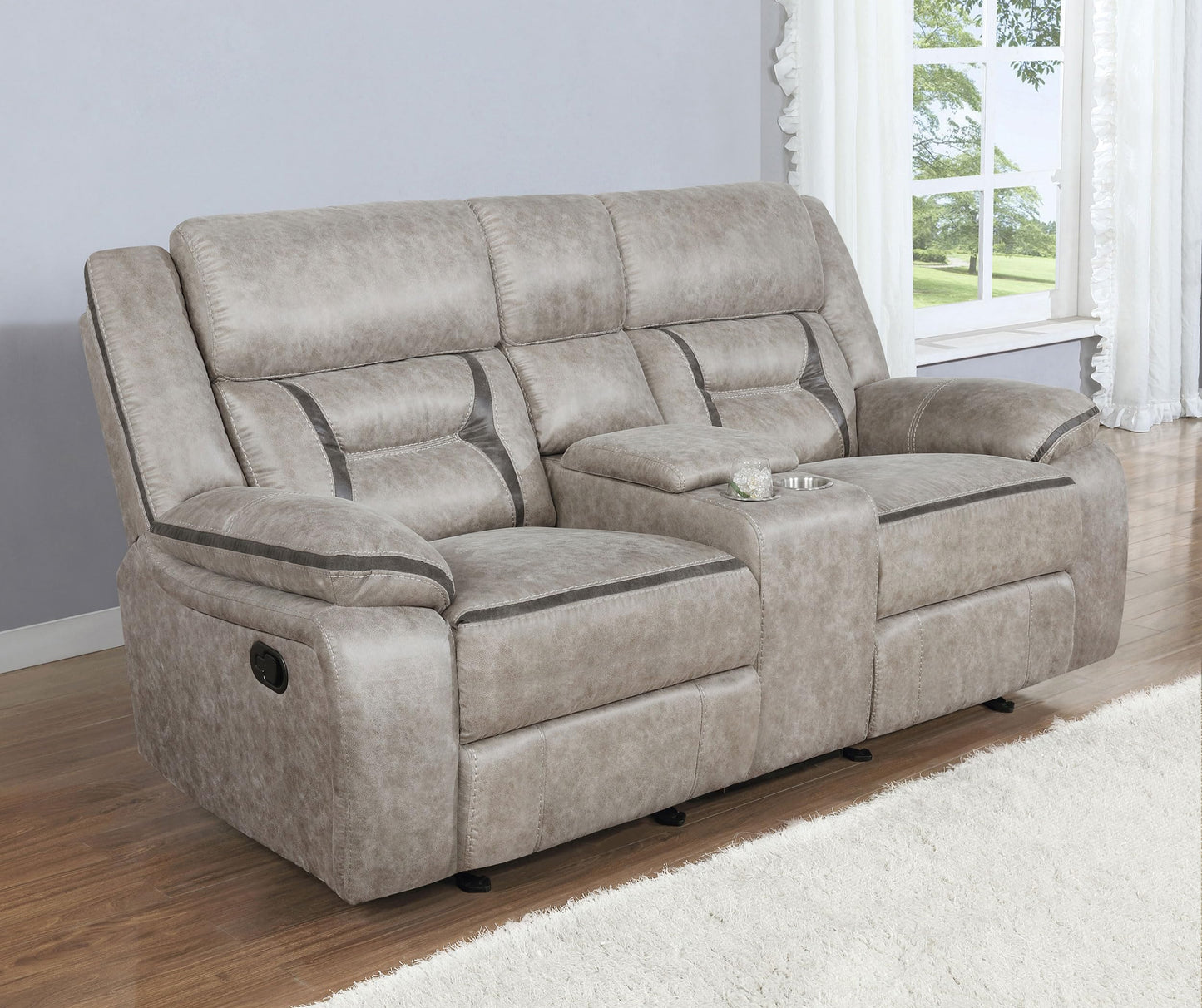 Coaster Home Furnishings - Greer - Faux Leather Upholstered Glider Reclining Loveseat with Console, Built-in Cupholders, Storage and USB Port - Home Theater & Living Room - Taupe - 651352