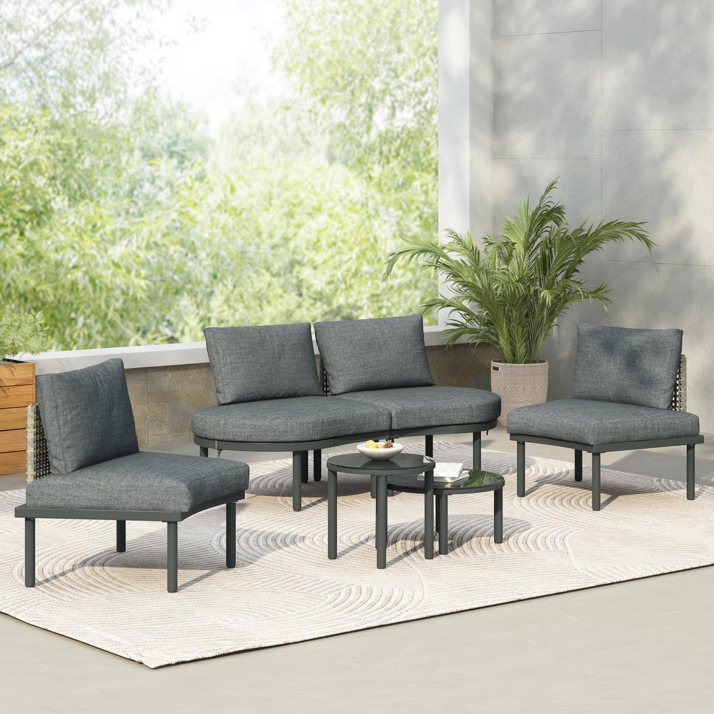 YOPTO 6-Piece Patio Sofa Furniture Set,Half Moon Outdoor Sectional Sofa with 2 High-Low Coffee Tables and Tempered Glass,PE Wicker Rattan Chair w/ 4 Pillows & Cushions,Furniture for Poolside,Gray