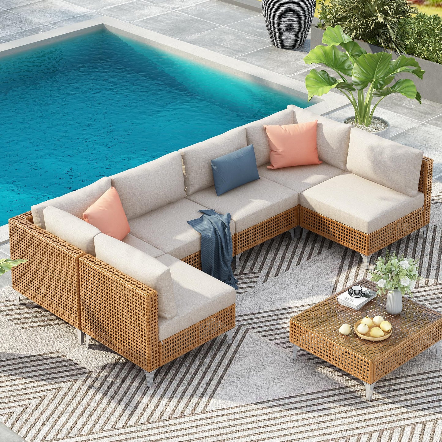 YOPTO 7-Piece Outdoor Conversation Sectional Sofa Set with Water Resistant Thick Cushions & Coffee Table,Wicker Patio Furniture Set W/Removable Cushions Cover,DIY Combination,for Porch,Backyard,Beige