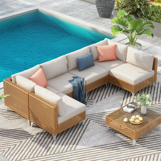 YOPTO 7-Piece Outdoor Conversation Sectional Sofa Set with Water Resistant Thick Cushions & Coffee Table,Wicker Patio Furniture Set W/Removable Cushions Cover,DIY Combination,for Porch,Backyard,Beige
