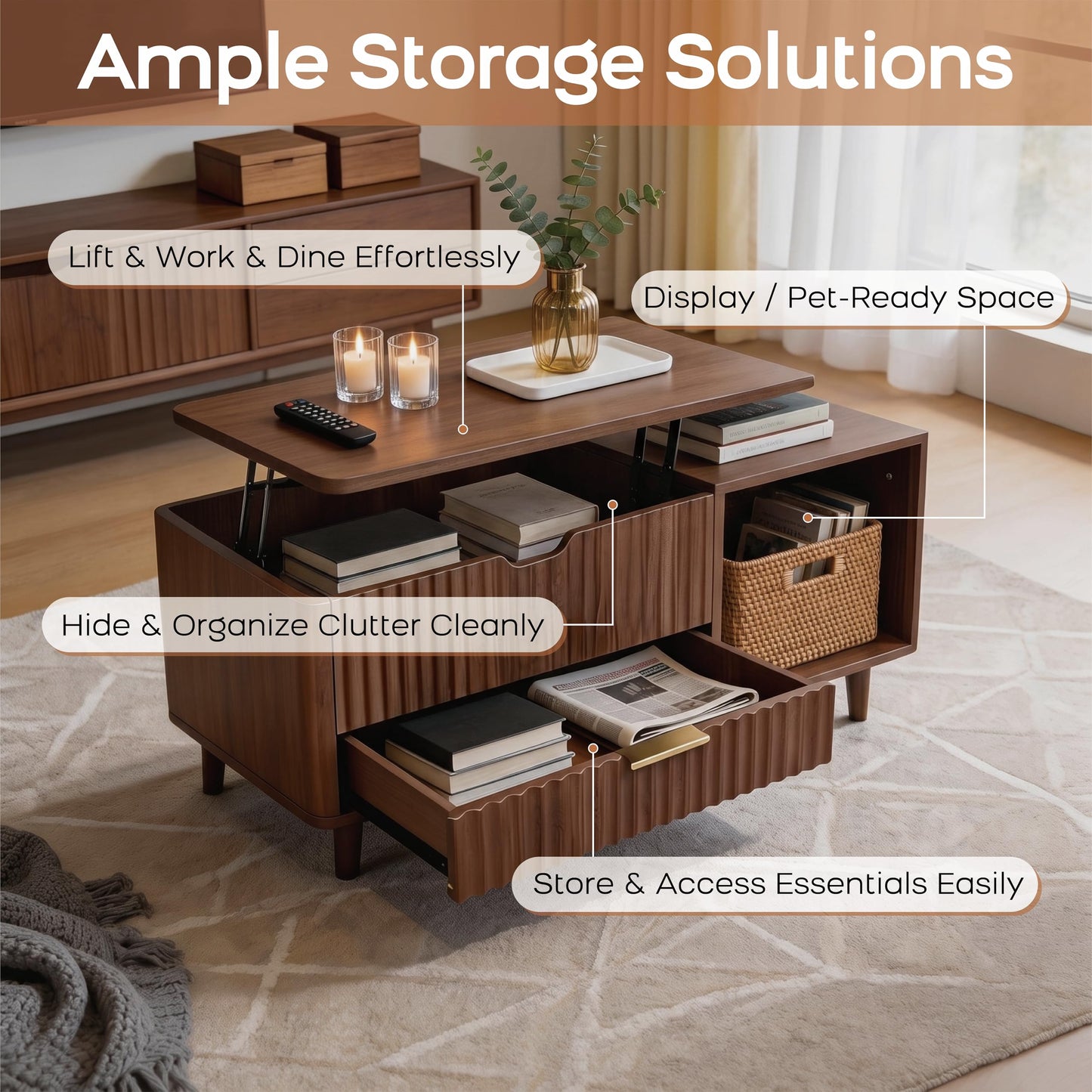 DAWNYIELD Fluted Lift Top Coffee Table with Hidden Storage, Center Table with Drawer & Open Shelf, Multi-Functional for Living Room, Space Saving, Oak