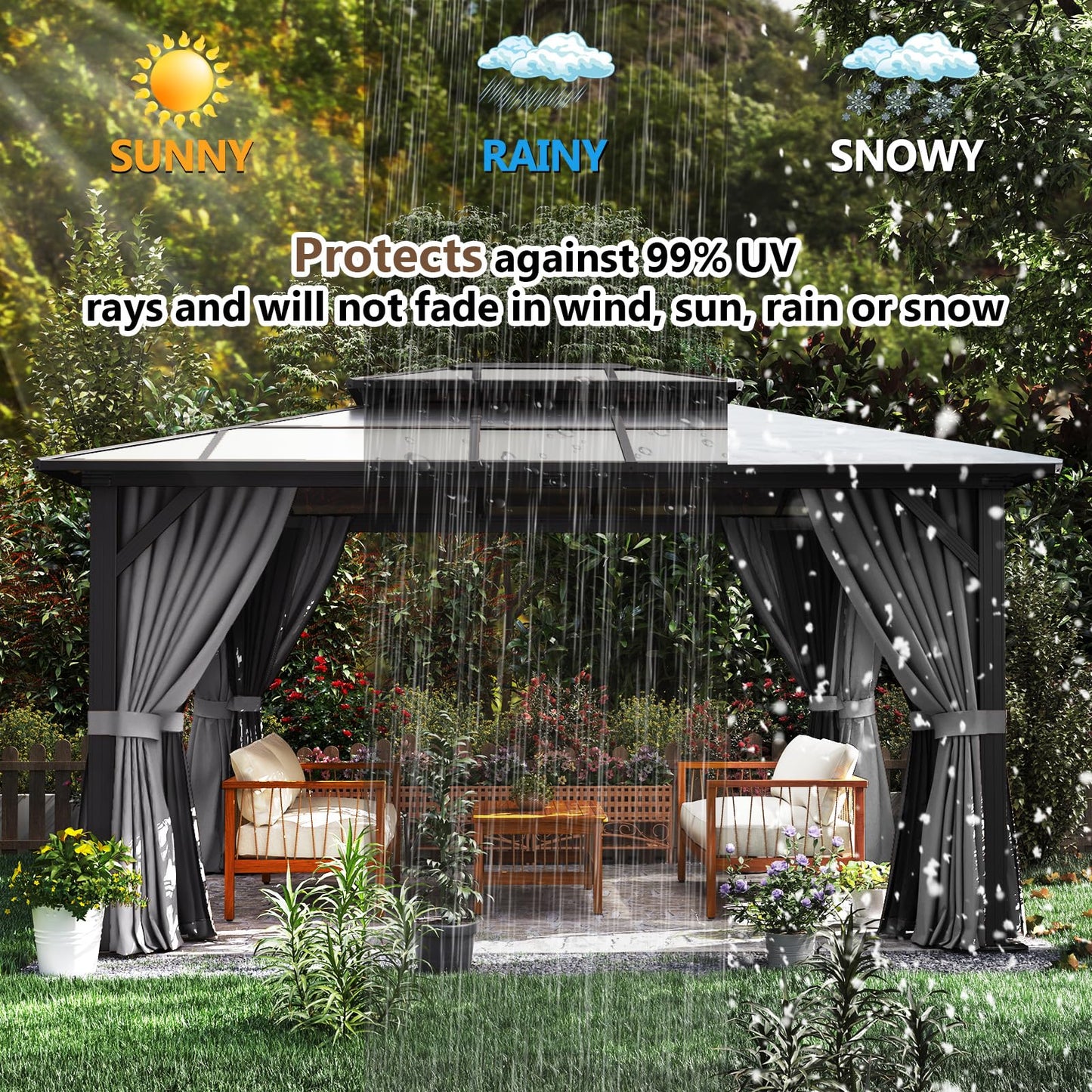 Breezestival 12’x14’ Hardtop Gazebo with Double Polycarbonate Roof Outdoor Metal Gazebo Sturdy Aluminum Frame & Removable Curtains, Netting Permanent Pavilion Pergola for Garden,Patio,Lawn (Gray)