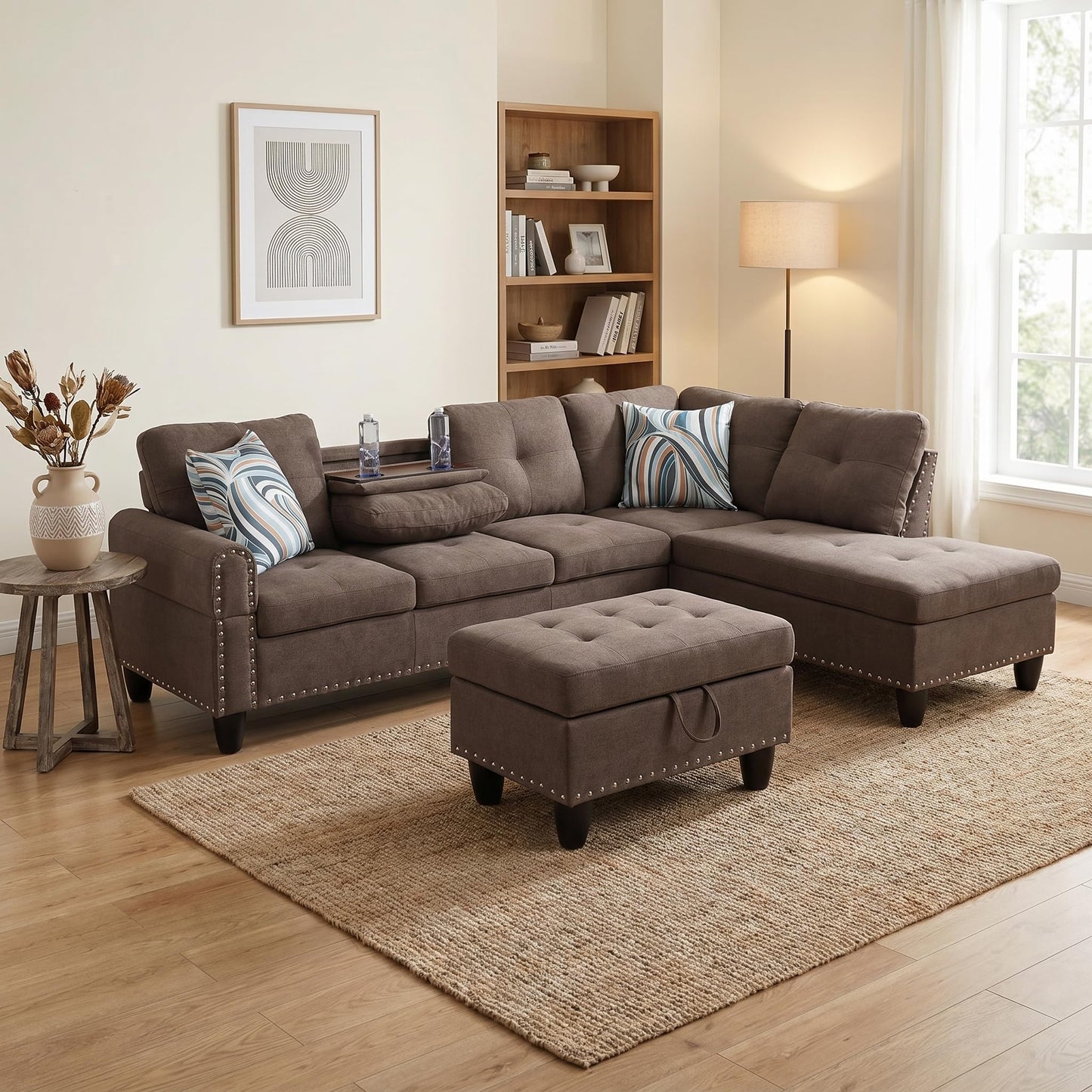 Trygoal 97.5" Linen L Shaped Couch with Right Chaise & Cup Holder, Sectional Sofas Modular Furniture Set with Storage Ottoman, Convertible Couches for Living Room, Small Space & Office (Brown)