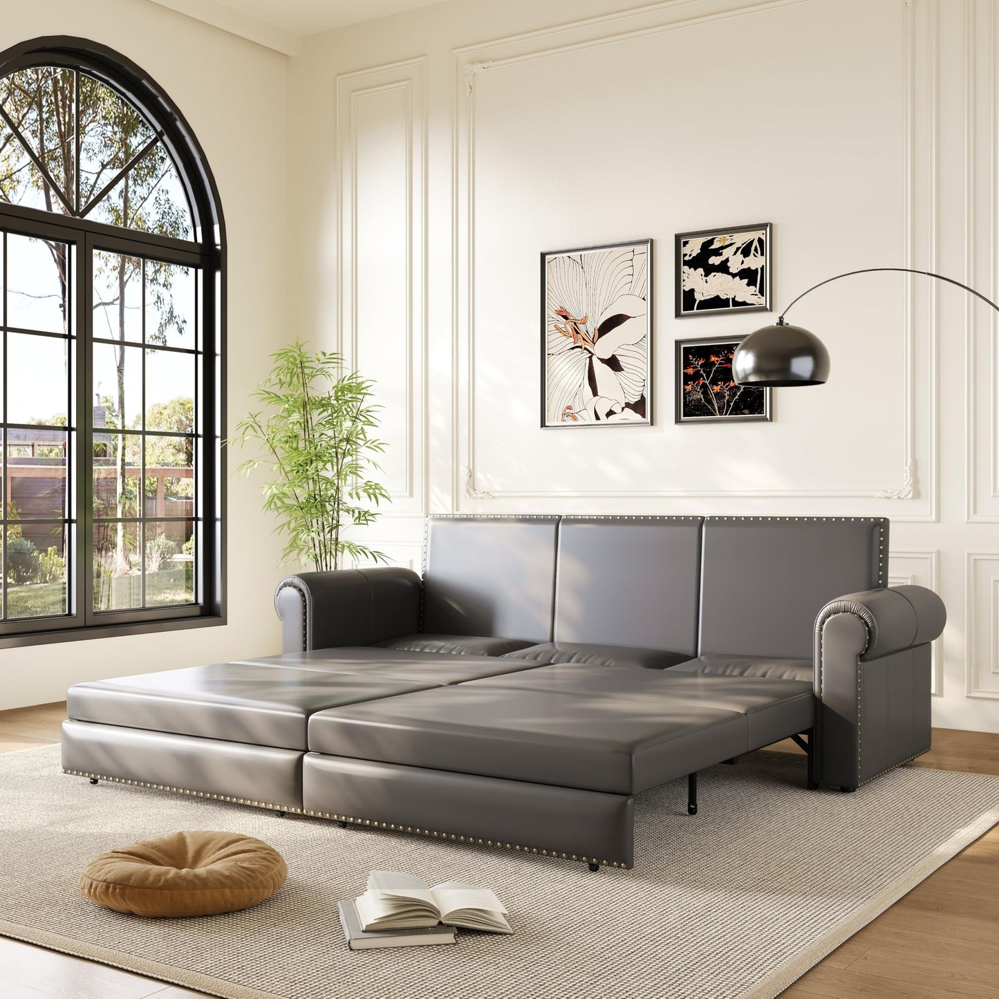 KEIKI 94" Upholstered Faux Leather Chesterfield Sofa with Rolled Arms, 3-in-1 Convertible Sleeper Sofa Bed for Living Room, Bedroom, Office, King Size Pull Out Bed, Charcoal Gray