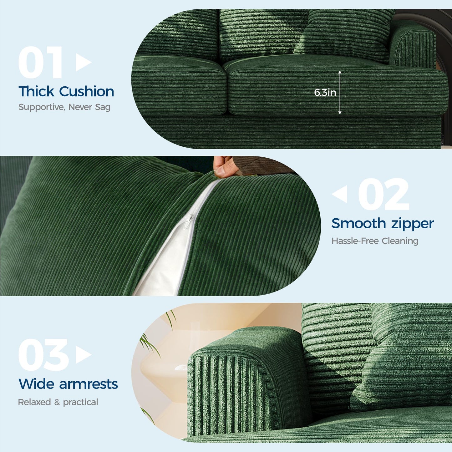 Garvee Modern 86" Corduroy Sofa - Deep Seat Couch with Removable Cover & 2 Throw Pillows, Comfy Upholstered Cushion Sofa for Small Space Apartment & Lounge, Green