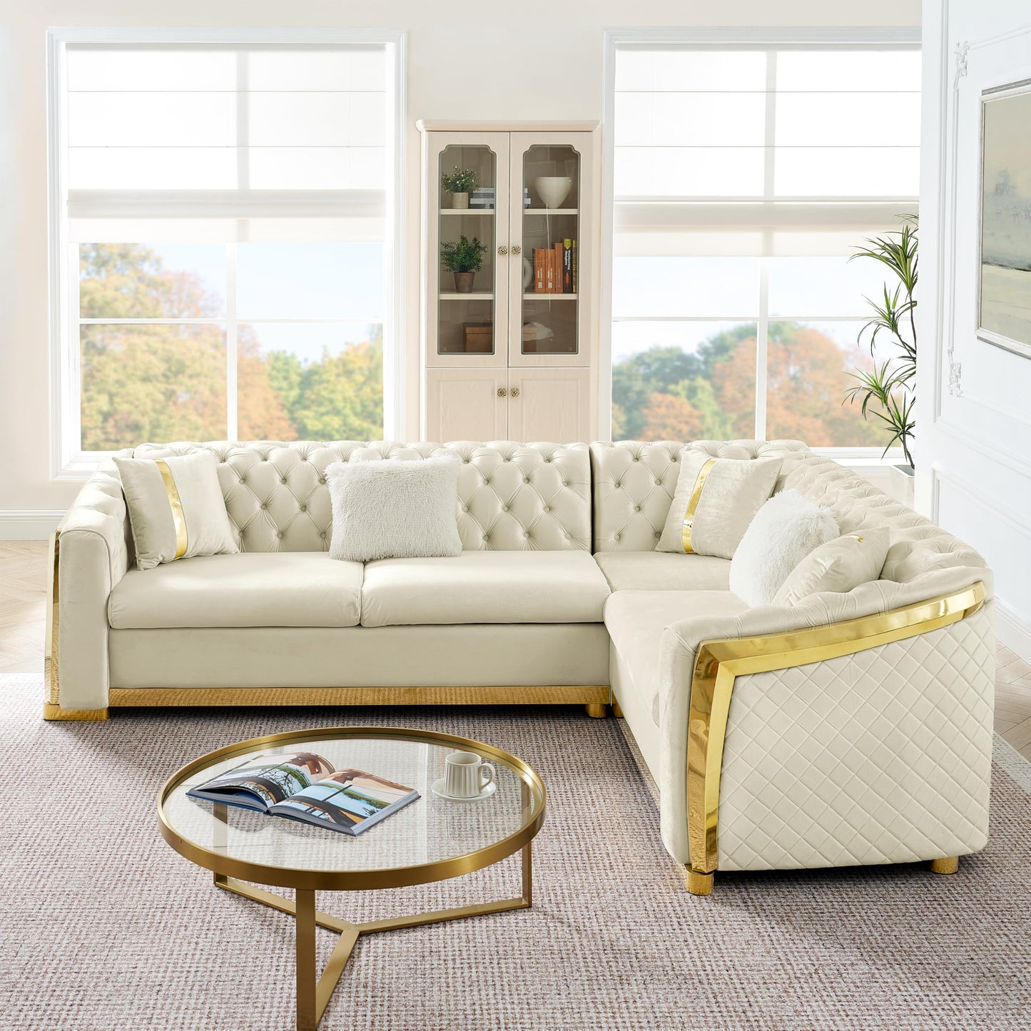 KEIKI 106" L-Shaped Luxury Velvet Chesterfield Sectional Sofa with Gold Stainless Steel Accents and 5 Pillows, Mid-Century Oversized 5-Seater Button Tufted Couch, Easy Assembly, for Living Room, Beige