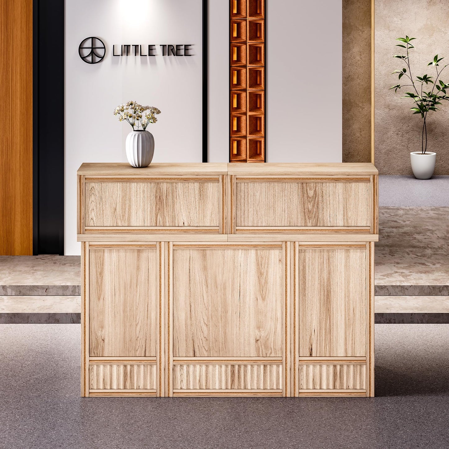 LITTLE TREE 57-Inch Reception Counter, Boho Style Front Desk, Modern Checkout Counter, Reception Desk for Retail, Lobby, Salon, Office, Oak