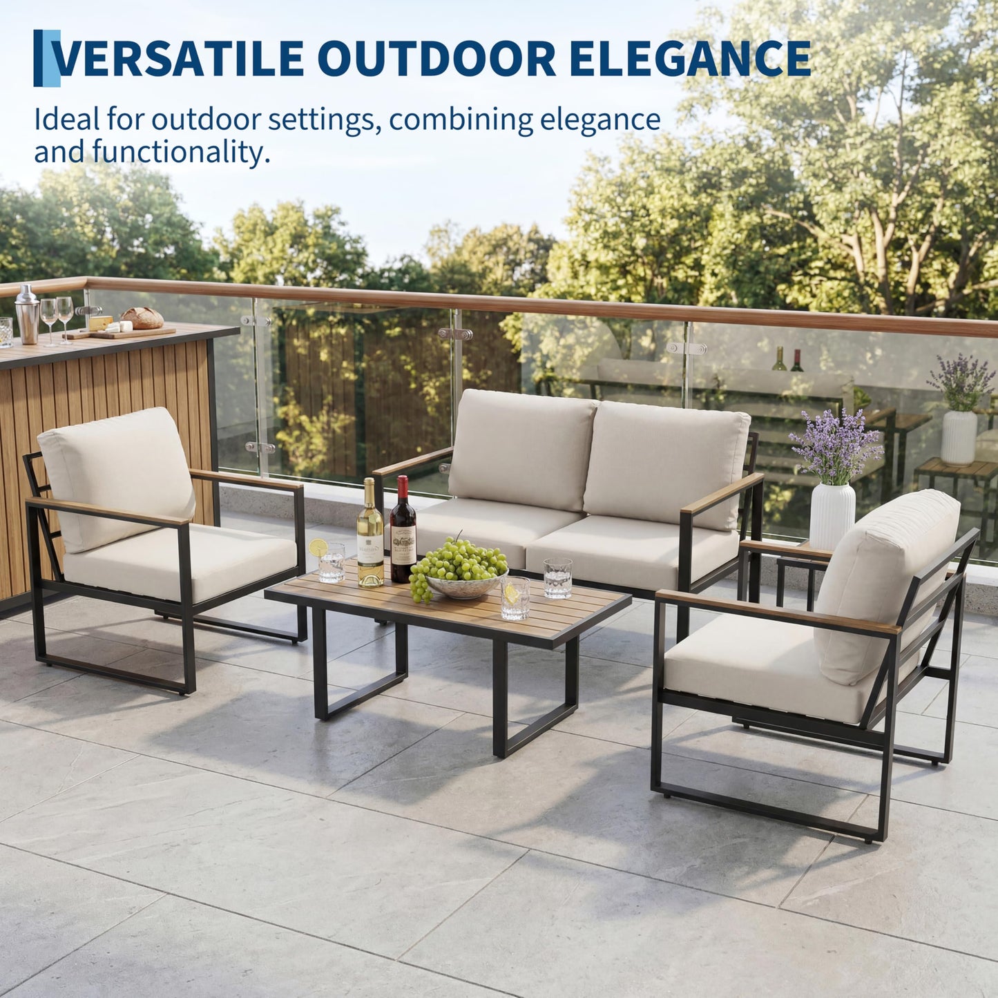 GarveeHome 4-Piece Aluminum Patio Furniture Set with Coffee Table, Outdoor Sectional Conversation Set with Washable High-Resiliency Sponge Cushions, Modern Metal Sofa for Poolside, Deck (Beige)