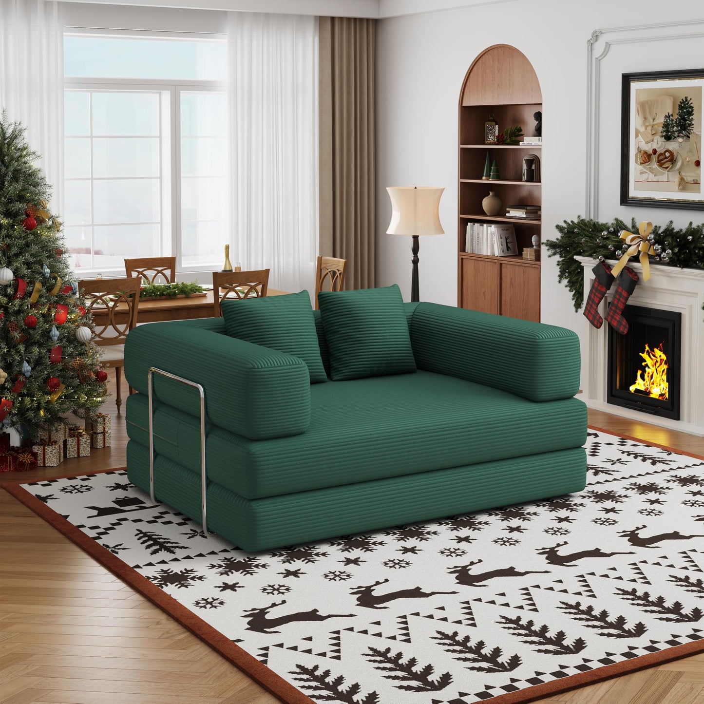 4 in 1 Convertible Sofas Boneless Couches with 2 Pillow, Modern Corduroy Futon Bed, Modular Queen Sofa with Pull-Out Bed, LoveSeat for Living Room, Small Space Apartment (Green, 53.15"Double Sofa)