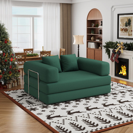 4 in 1 Convertible Sofas Boneless Couches with 2 Pillow, Modern Corduroy Futon Bed, Modular Queen Sofa with Pull-Out Bed, LoveSeat for Living Room, Small Space Apartment (Green, 53.15"Double Sofa)