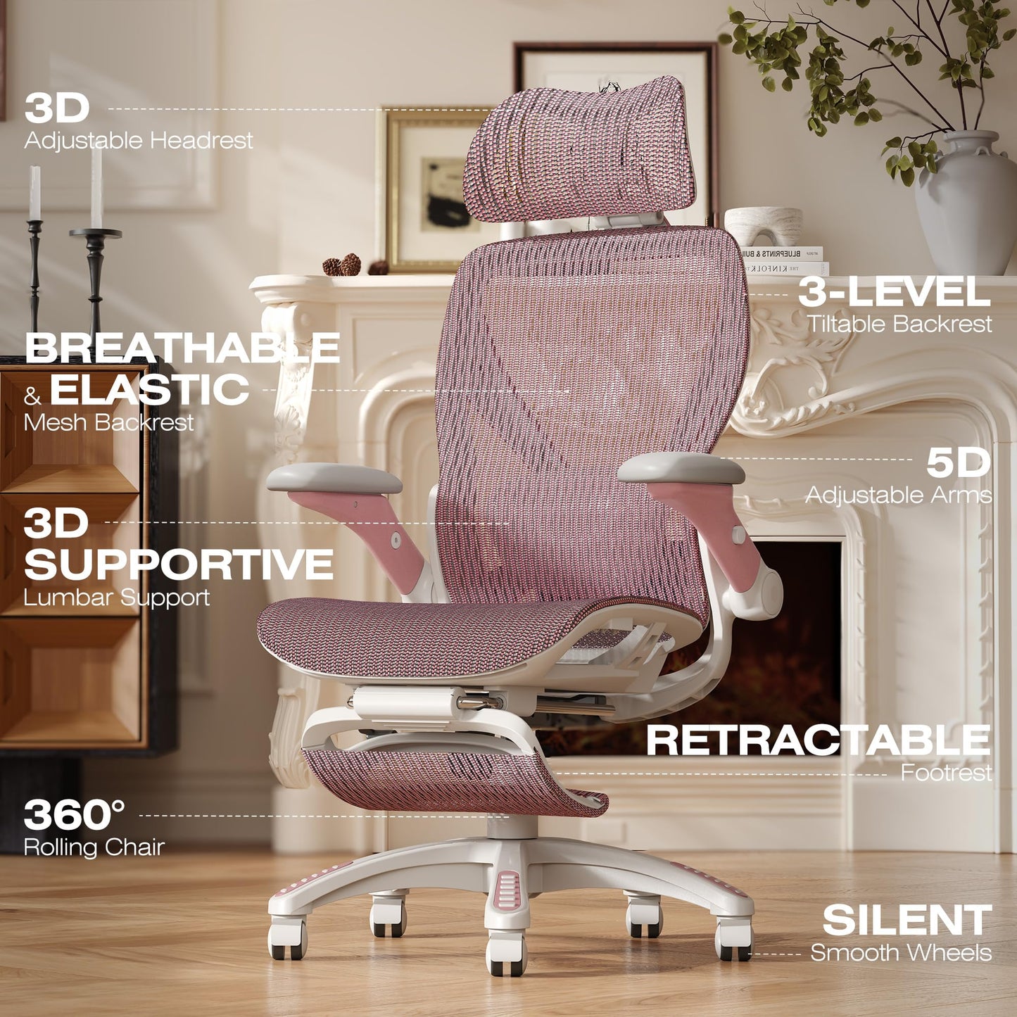 ELABEST X100 Ergonomic Mesh Office Chair with Footrest, Big and Tall Hone Desk Chair with 5D Flip-Up Arms, Adjustable 3D Lumbar Support,Gaming & Executive Computer Chairs
