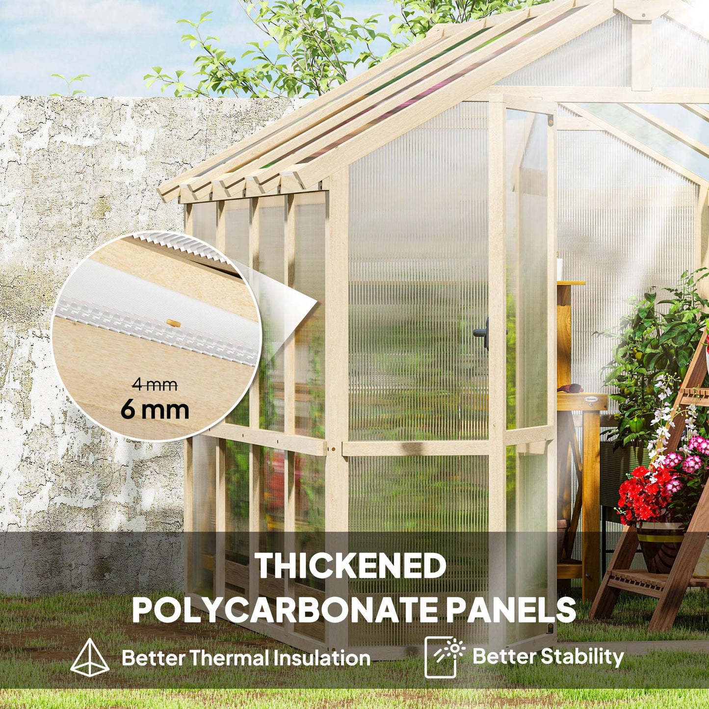 Outsunny 6.6' x 8' Walk-in Polycarbonate Greenhouse with Thickened Panels, Wooden Greenhouse with Lockable Door, Roof Vent for Outdoors, Winter Sunroom for Patio Backyard Garden, Brown