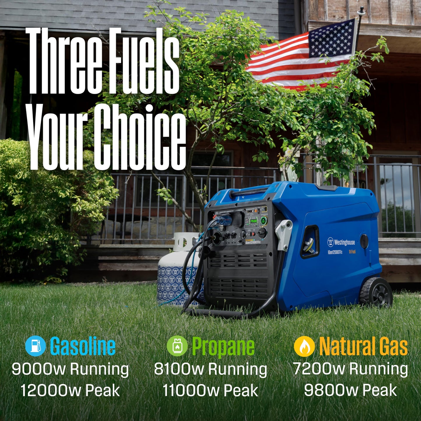 Westinghouse 12000 Peak Watt Tri-Fuel Portable Inverter Generator, Remote Start, Transfer Switch Ready, Gas/Propane/Natural Gas Powered, Low THD, Safe for Electronics, Parallel Capable, CO Sensor