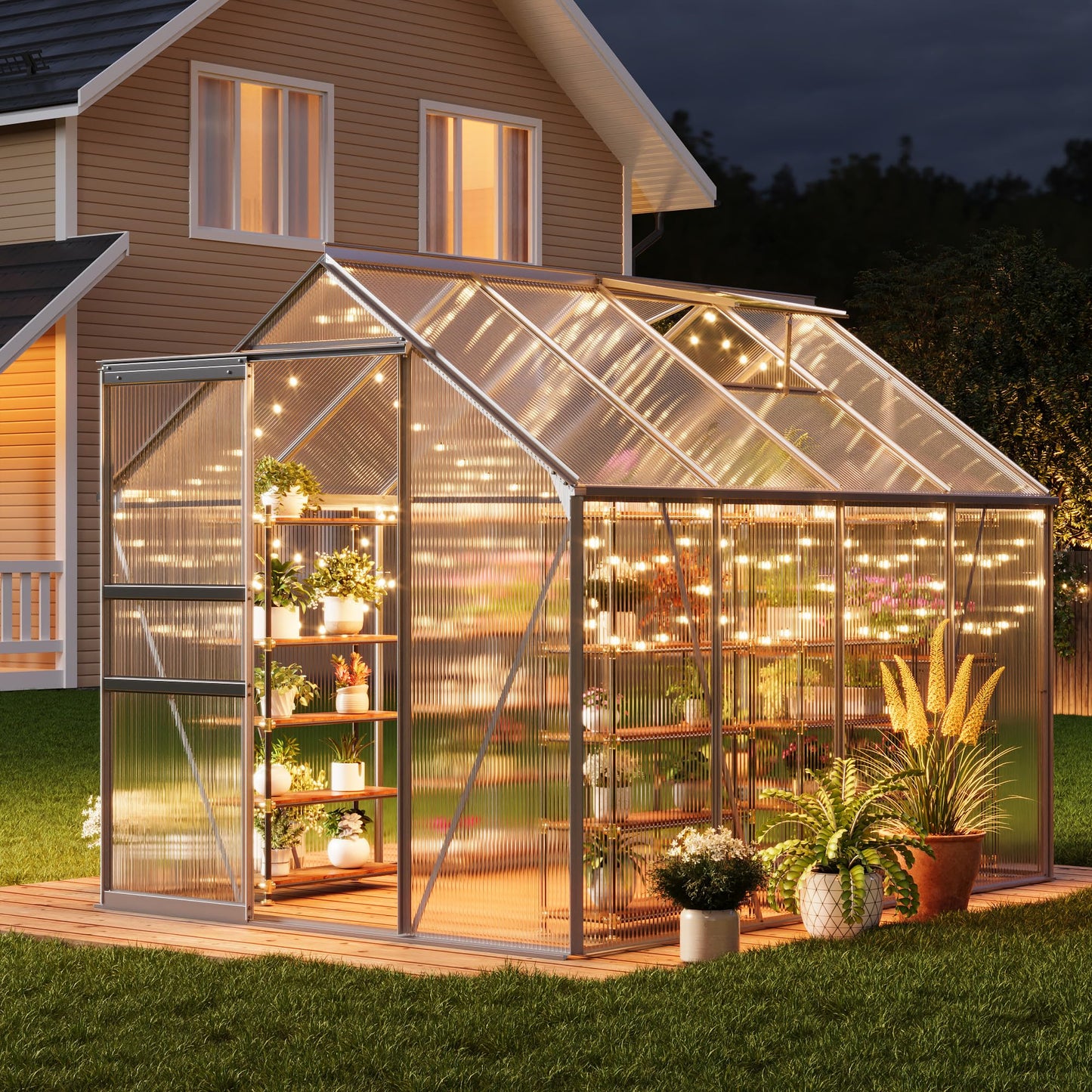 GarveeHome 6x8FT Greenhouse, Large Walk-in Polycarbonate Greenhouse with Adjustable Vent Window, Sliding Door, Portable Green House Kit for Outdoors, Winter