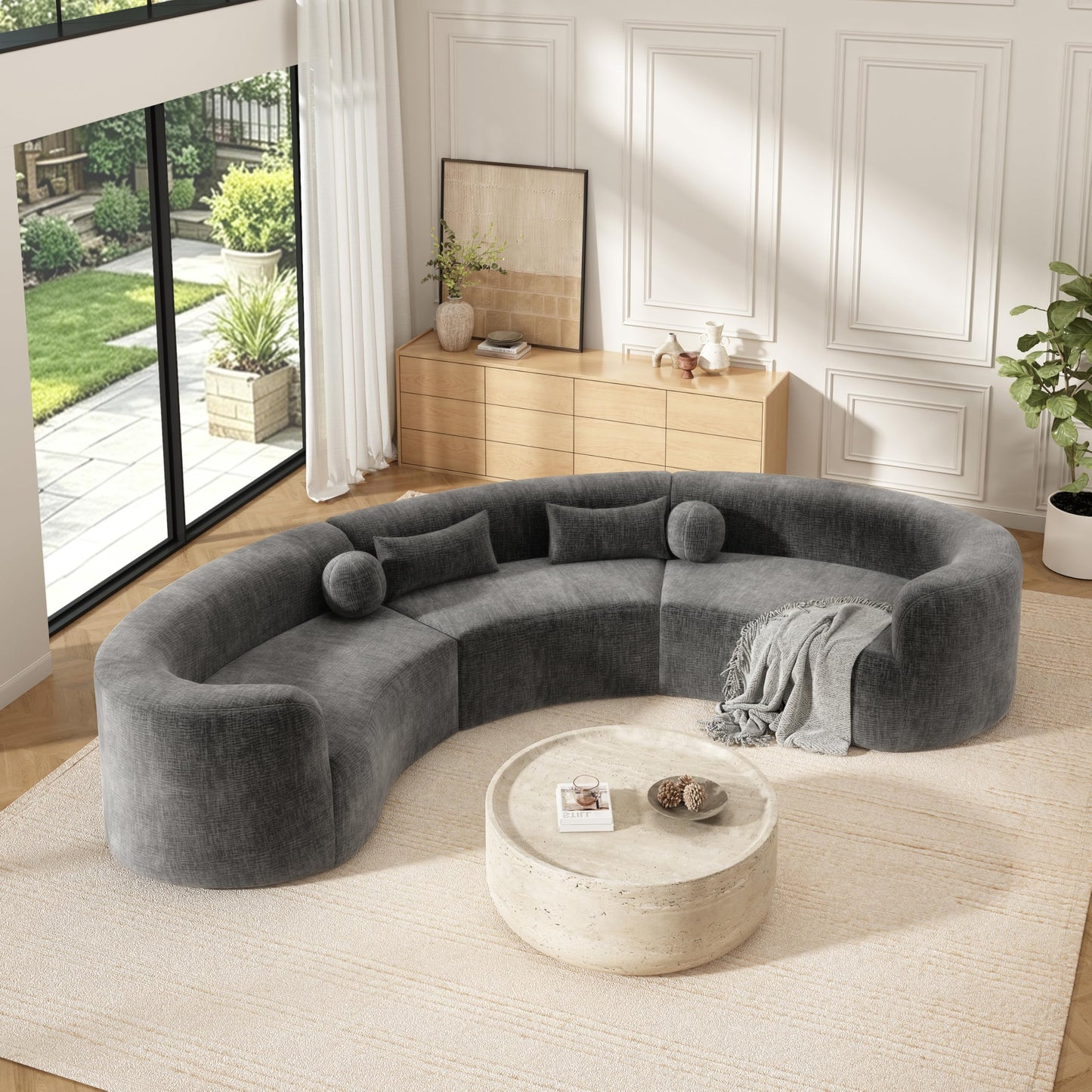 Merax 153" Chenille Modular Sectional Sofa Set, 6 Seat Curved Frameless Oversized Cloud Couch with 4 Pillows, Free Combination Hook & Loop, Fully Compressed, No Assembly for Living Room, Gray