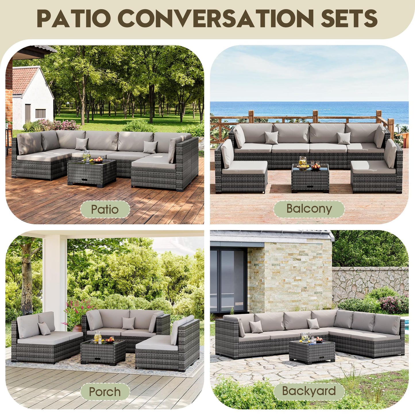 LHBcraft 7 Pieces Outdoor Furniture Set, Wicker Furniture Patio Conversation Sets with Tea Table and Thickened Beige Cushions,Grey Outdoor Patio Sectional Sofa for Garden, Poolside, Backyard
