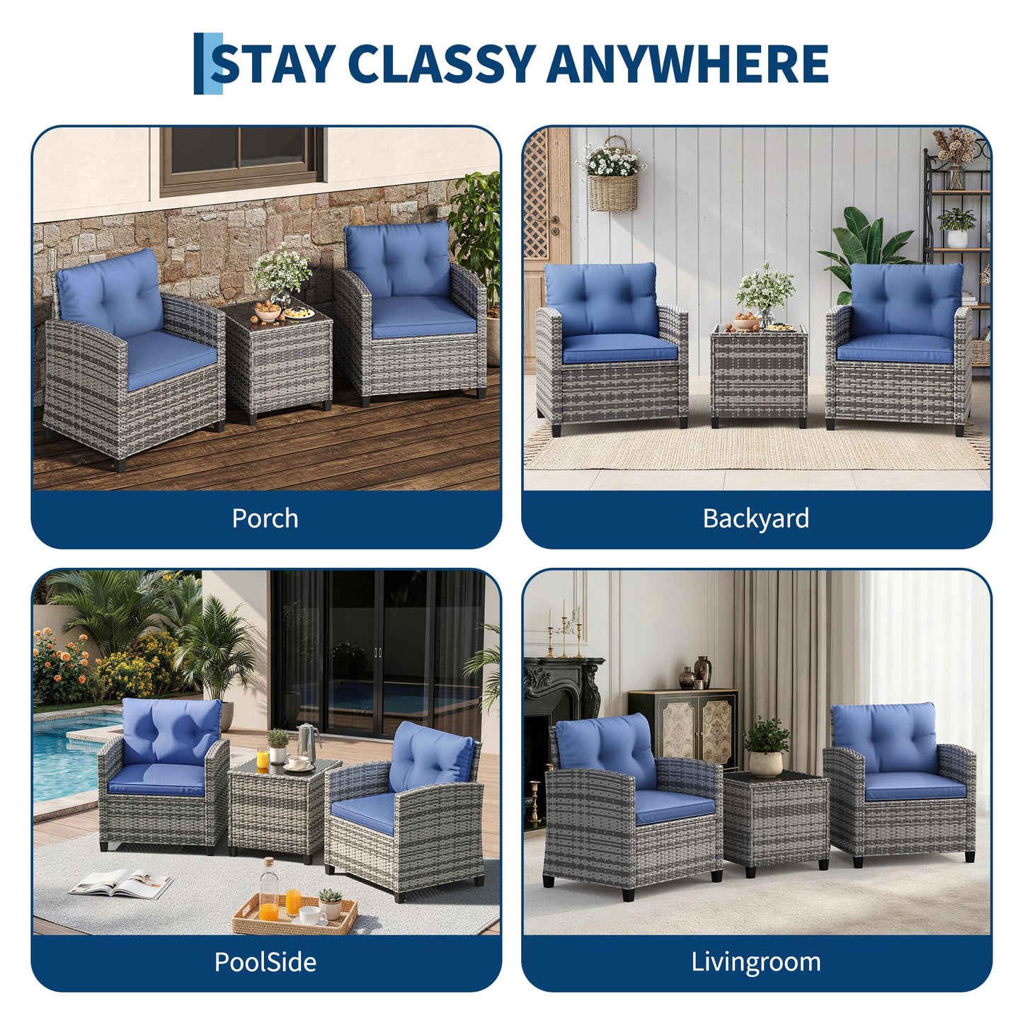 GarveeLife 3 Piece Wicker Patio Furniture Set, Outdoor Rattan Chairs with Side Table, All-Weather Conversation Set for Balcony, Porch or Backyard, Brown Gradient Wicker with Cushions