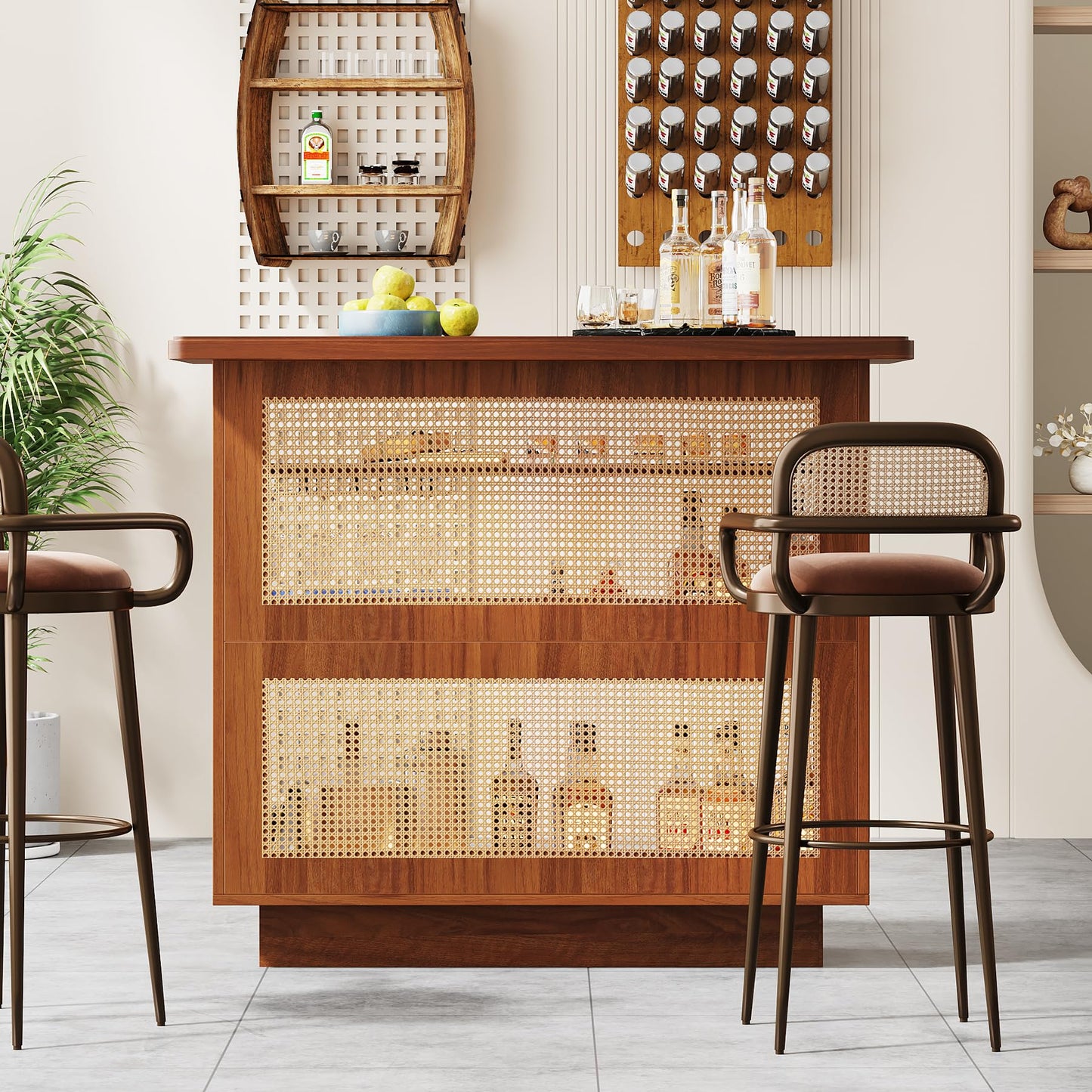 Tribesigns Rattan Home Bar Unit, Farmhouse 4-Tier Bar Table with 4 Stemware Racks and Heightened Base, Liquor Wine Bar Cabinet Mini Bar Table for Home Pub, Caramel Brown