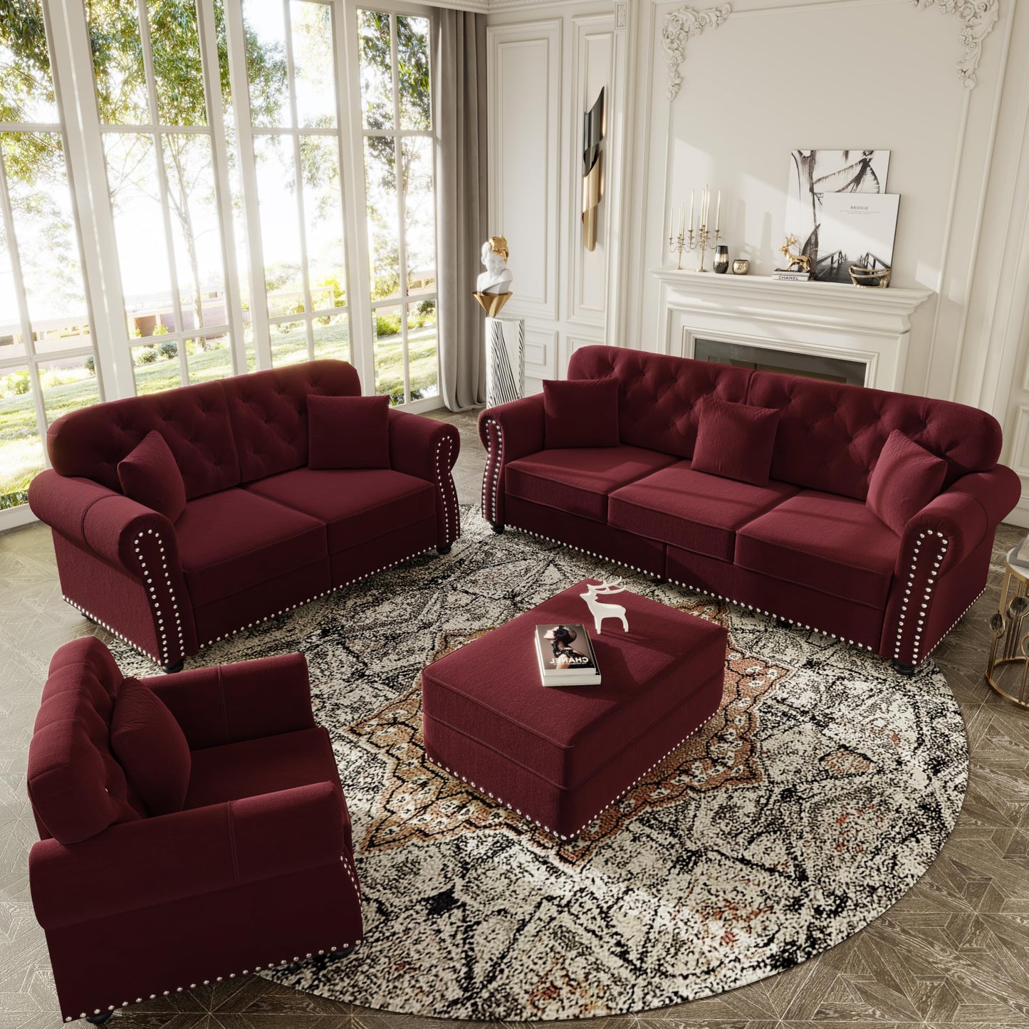 KEIKI 3-Piece Chesterfield Sofa Set with 1 Velvet 3-Seater Sofa & 1 Loveseat & 1 Single Sofa, 6-Seater Couch Set with Nailhead Trim & Rolled Arms & 1 Ottoman & 6 Pillow, for Living Room, Burgundy