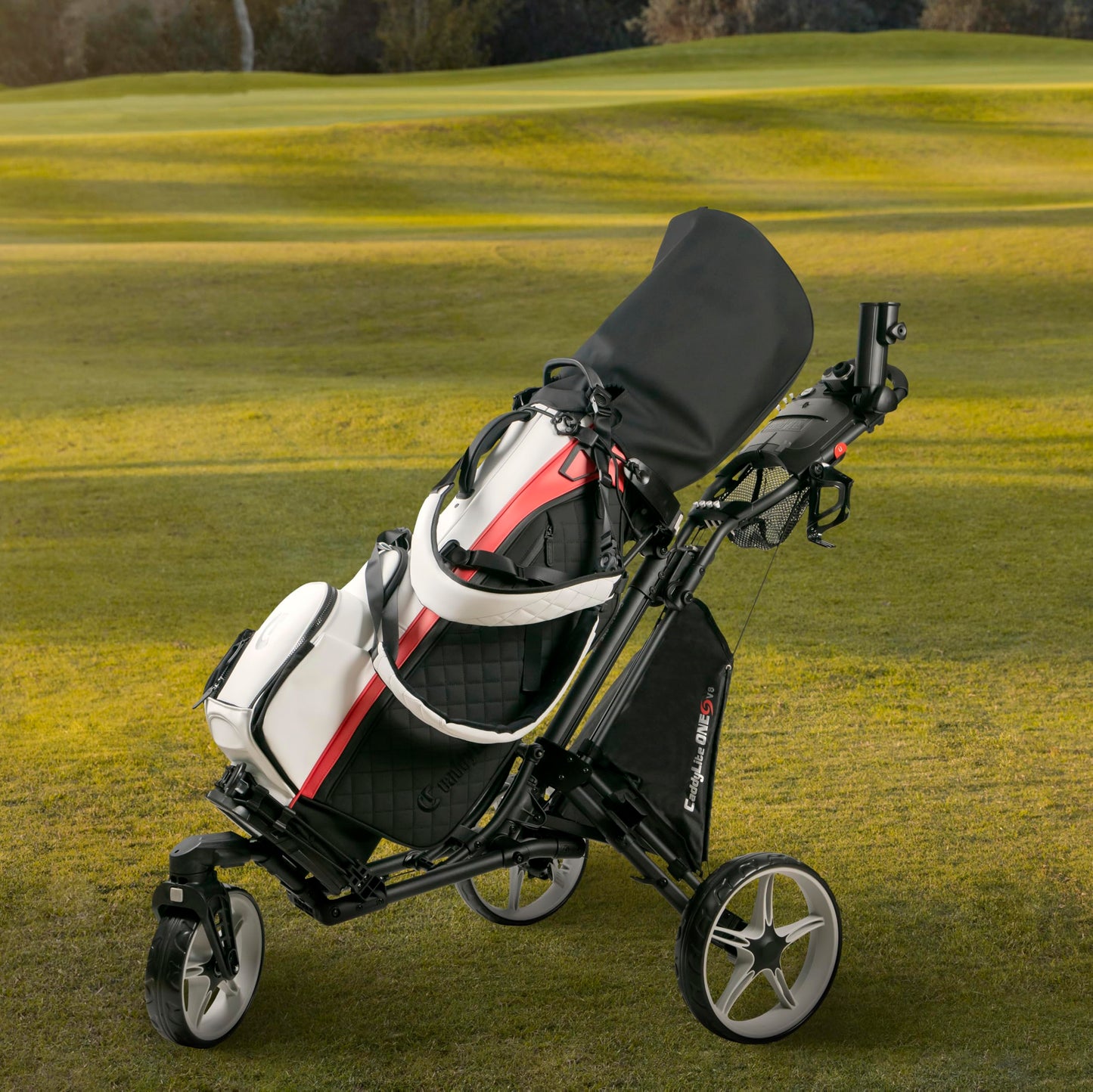 Caddytek CaddyLite One Swivel V8 Golf Push Cart - 3 Wheel Lightweight Folding Trolley with 360° Swivel Front Wheel, Cooler Basket, Umbrella and Drink Holder, Adjustable Handle