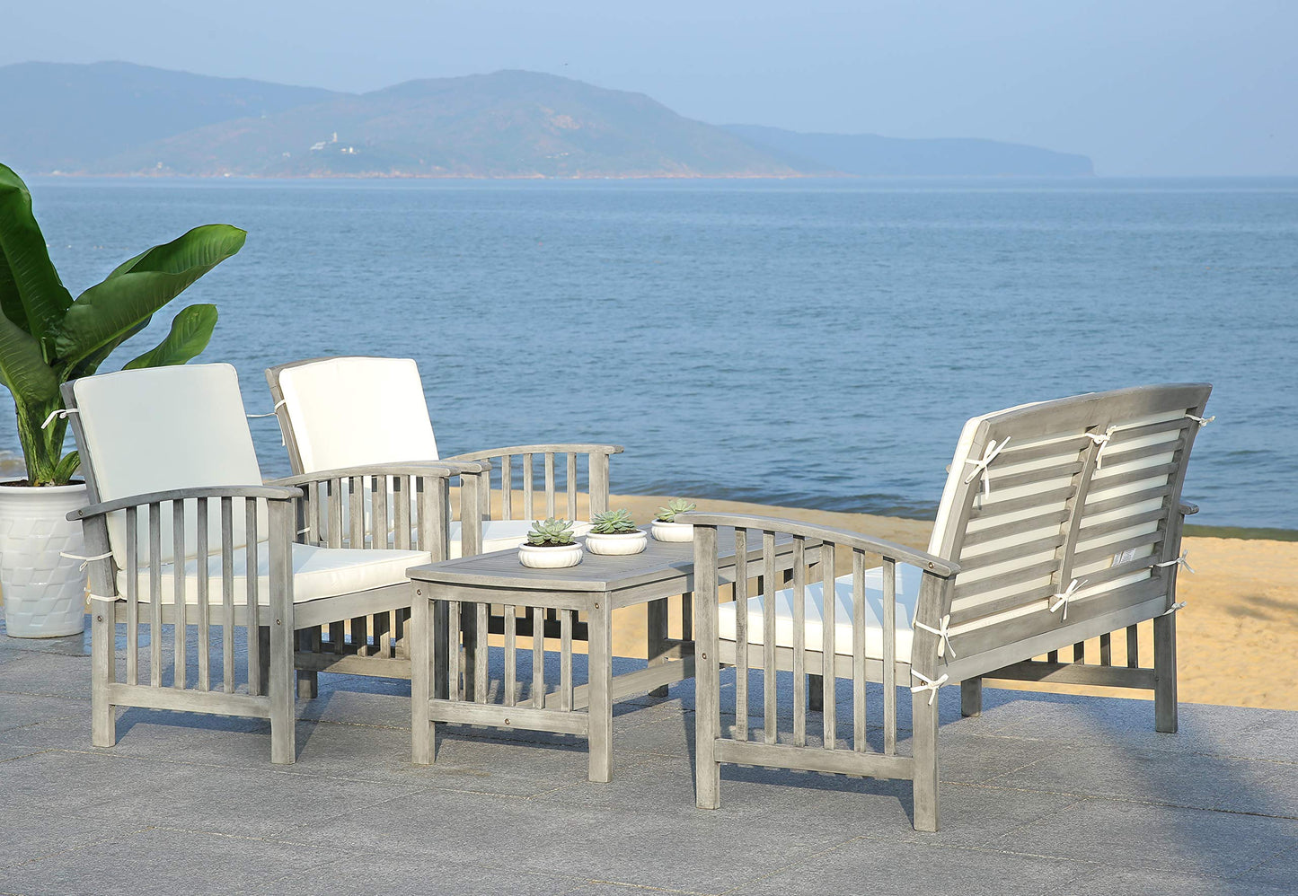 SAFAVIEH Outdoor Collection Rocklin Grey Wash/ Beige 4-Piece Conversation Patio Set with Cushions