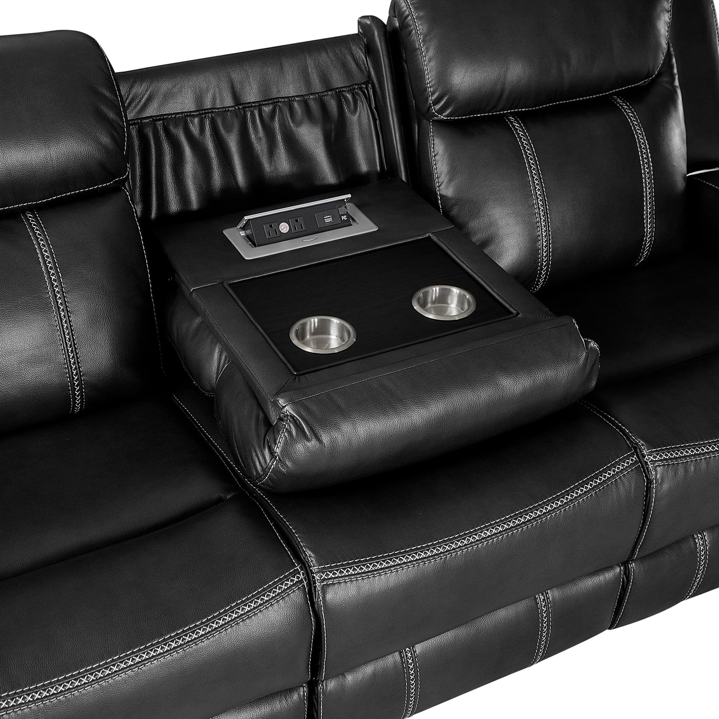 Lexicon Modern Double Recliner Sofa, Faux Leather Reclining Sofa With Center Drop-Down Cup Holders, Storage Pouch, Receptacles, USB Ports, Manual Recliner Couch For Living Room/Office/Apartment, Black