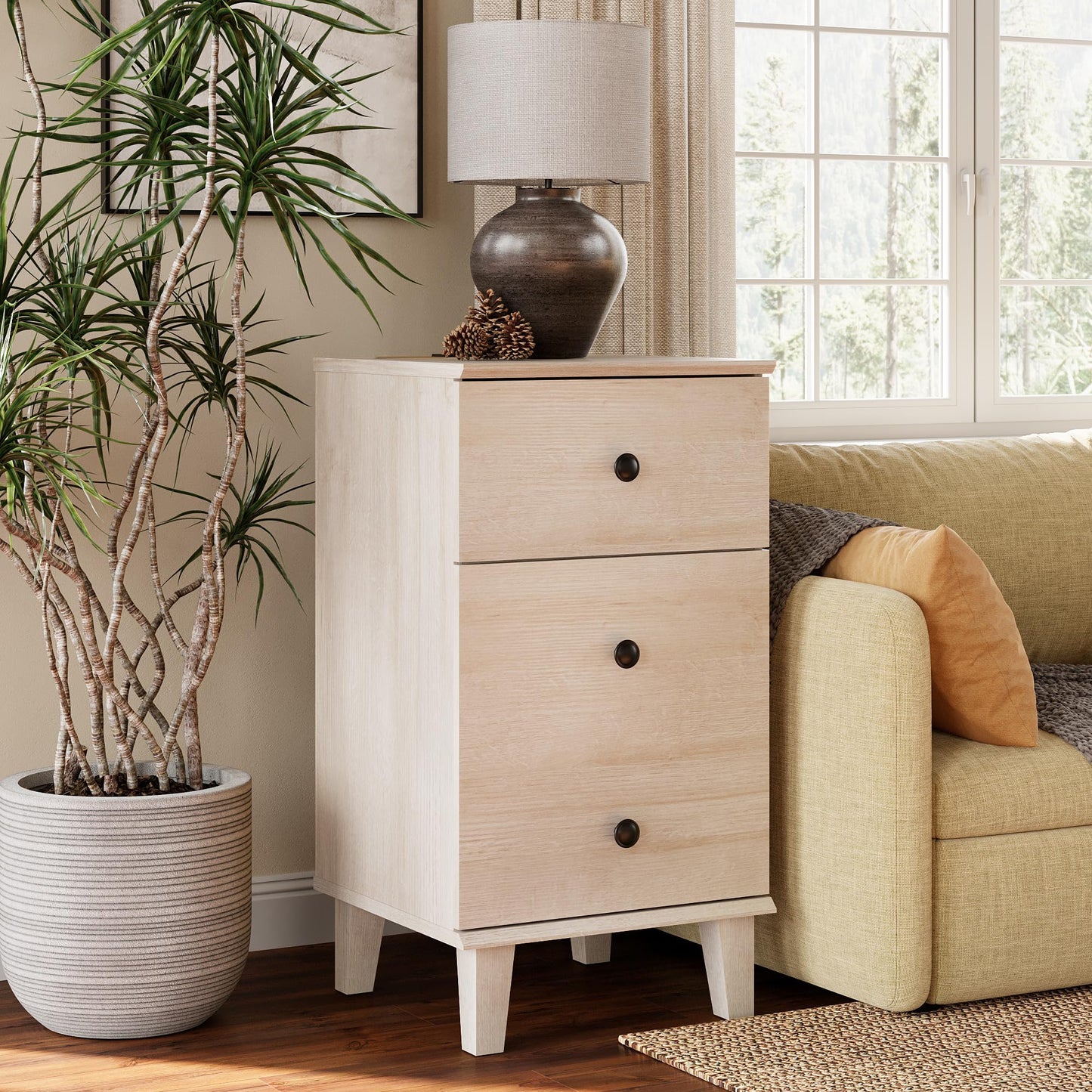 YOGRFA Modern Nightstand with Charging Station Set of 2 Drawer and Storage Cabinet End Table with Wood Leg for Bedroom Natural Wood Grain Beige