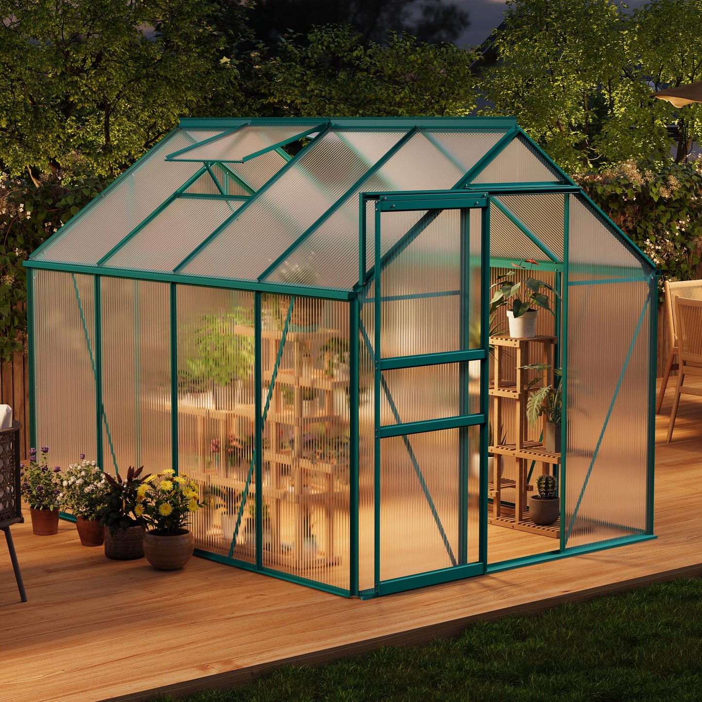 IDEALHOUSE 6 x 8FT Greenhouse for Outside, Polycarbonate Greenhouses with Aluminum Frame, Sliding Door, Adjustable Roof Vent for Backyard, Outdoor Green Houses Garden Backyard, Patio